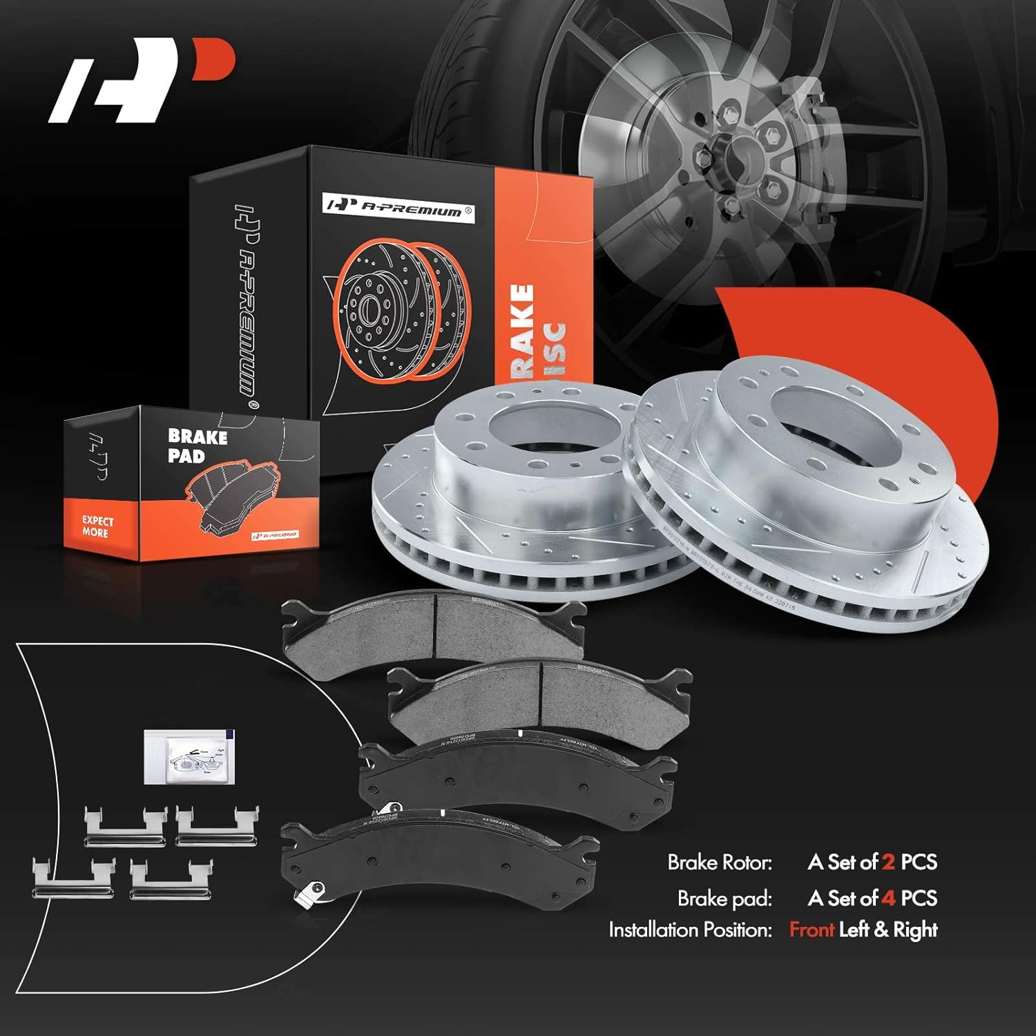 A-Premium 12.78 inch (324.6mm) Front Drilled and Slotted Disc Brake Rotors + Ceramic Pads Kit Compatible with Select Cadillac, Chevy, GMC & Hummer Models - Silverado, Suburban, Savana, Sierra, Yukon