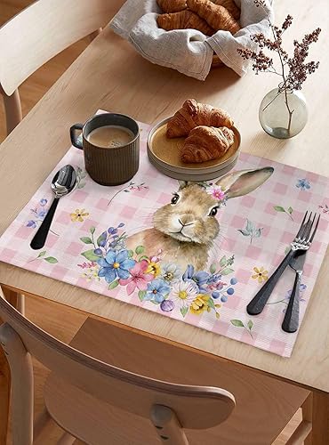 Miniatura 3 de Juego de 4 manteles individuales de Pascua con diseño de conejo, tela de arpillera tejida lavable para mesa de comedor cuadrada, rectangular,