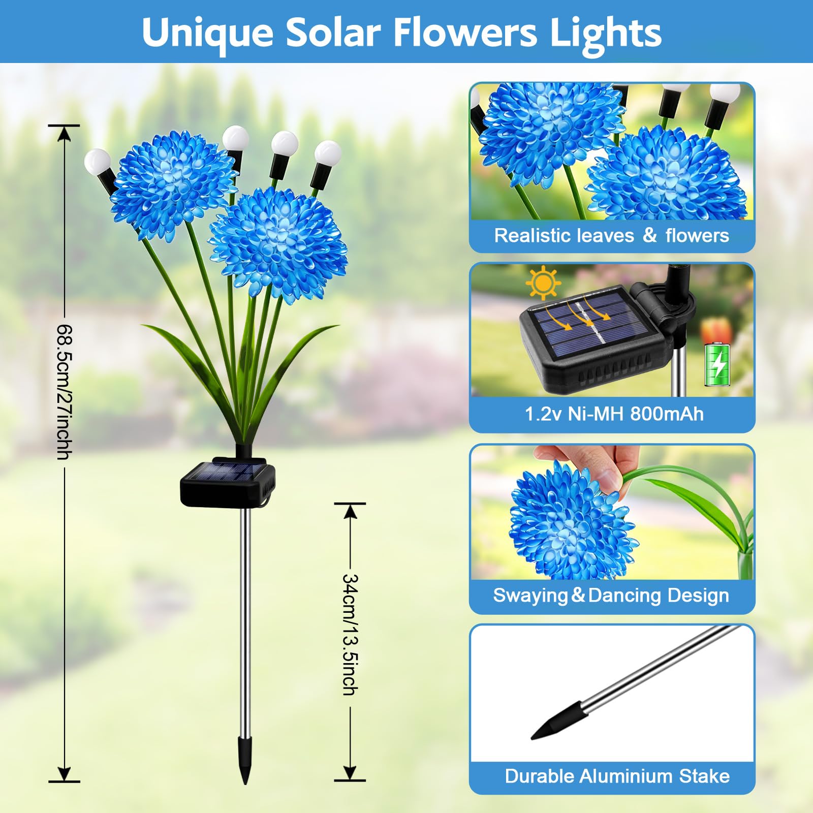 Solar-Gartenleuchten, 4 Stück, blaue Solar-Lichter mit schwingenden Glühwürmchen-Lichtern mit Blumen, wasserdichte blaue Blumen, Licht für den Außenbereich, für Garten, Terrasse, Hof, Weg