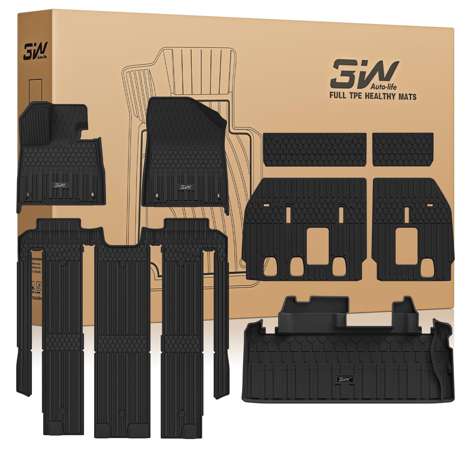 3W Floor Mats &amp; Trunk Mat&amp; Backrest Mats for Toyota Sienna 2021-2026 (Only for 7 Seat), TPE All Weather Custom Fit Floor Liner for Sienna 1st, 2nd and 3rd Row and Cargo Mat, Black