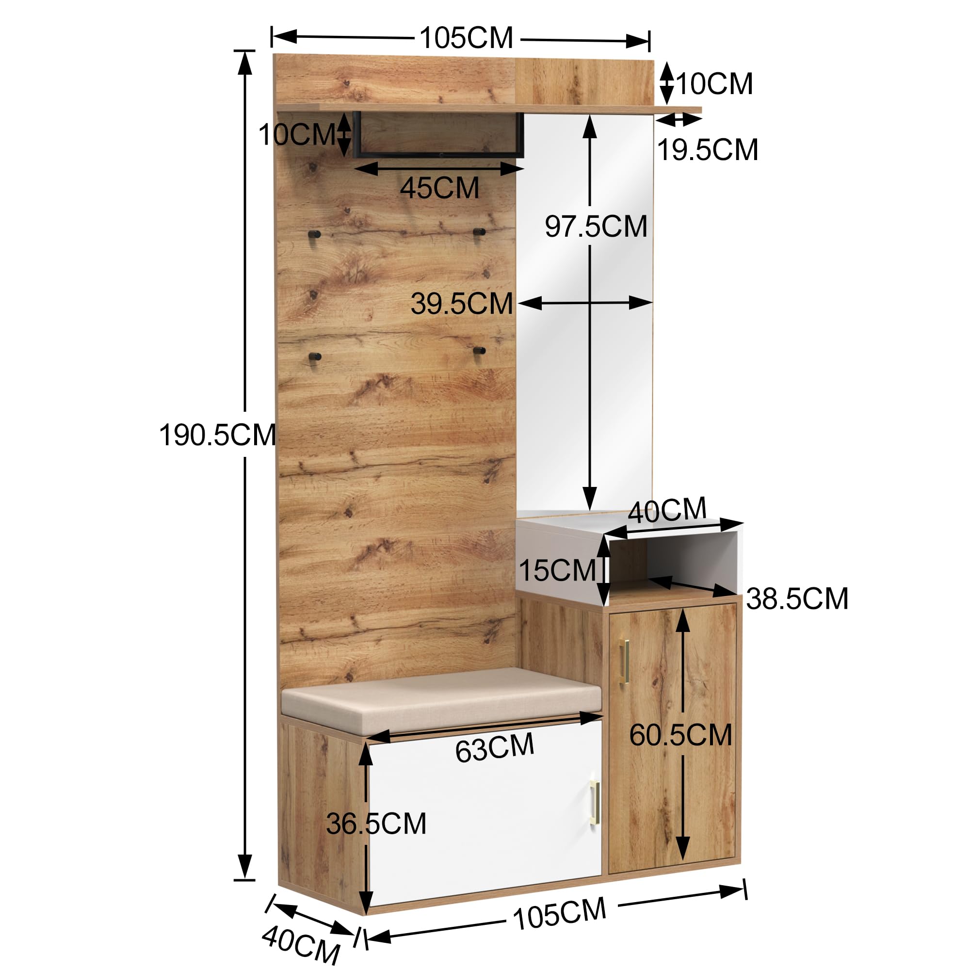 LAKFEW Juego de Perchero con Espejo, Perchero Zapatero con 4 Ganchos y 2 Puertas, Conjunto de Percheros Mueble Recibidor Entrada con Estante de Almacenamiento, 105x40x190.5 cm, Color Madera+Blanco
