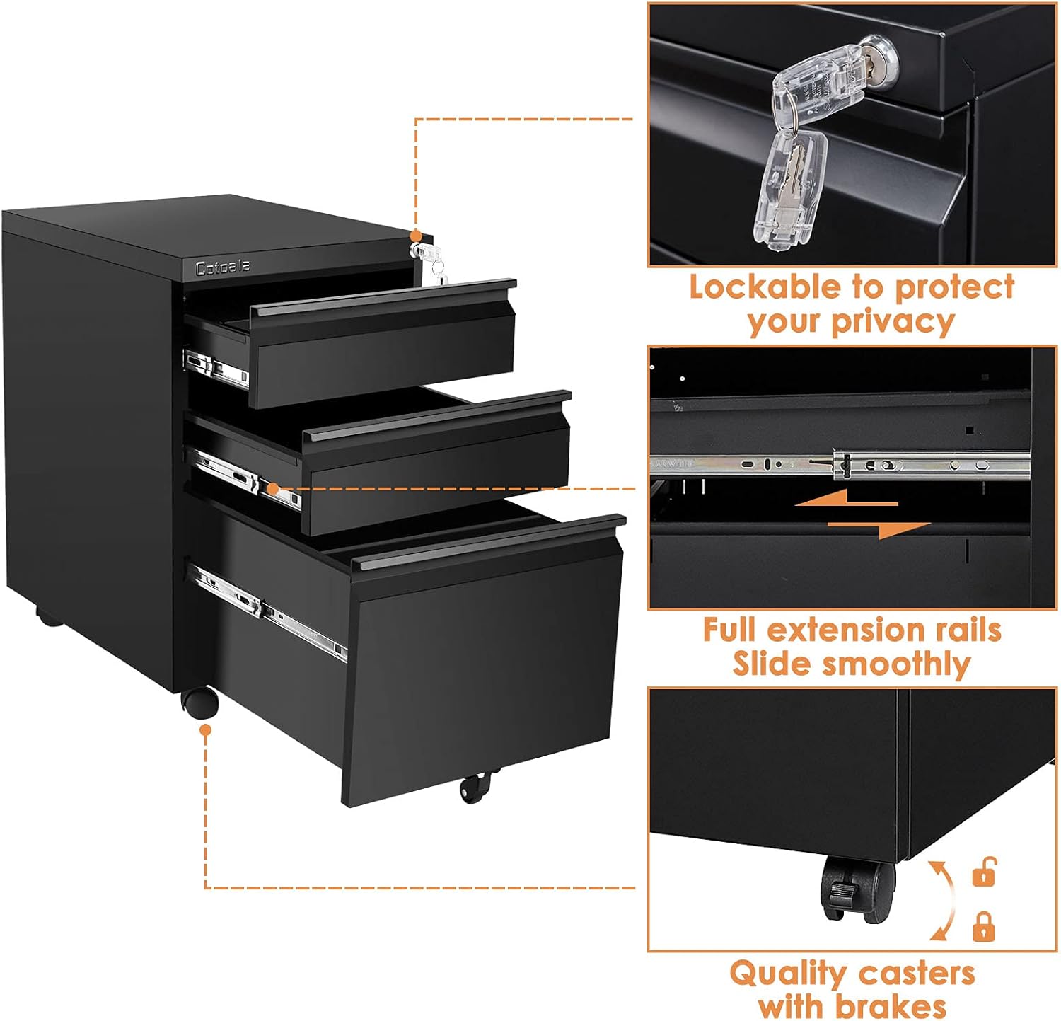 Flash Deals - 80% OFF Cotoala Rolling 3 Drawer File Cabinet with Lock, Black