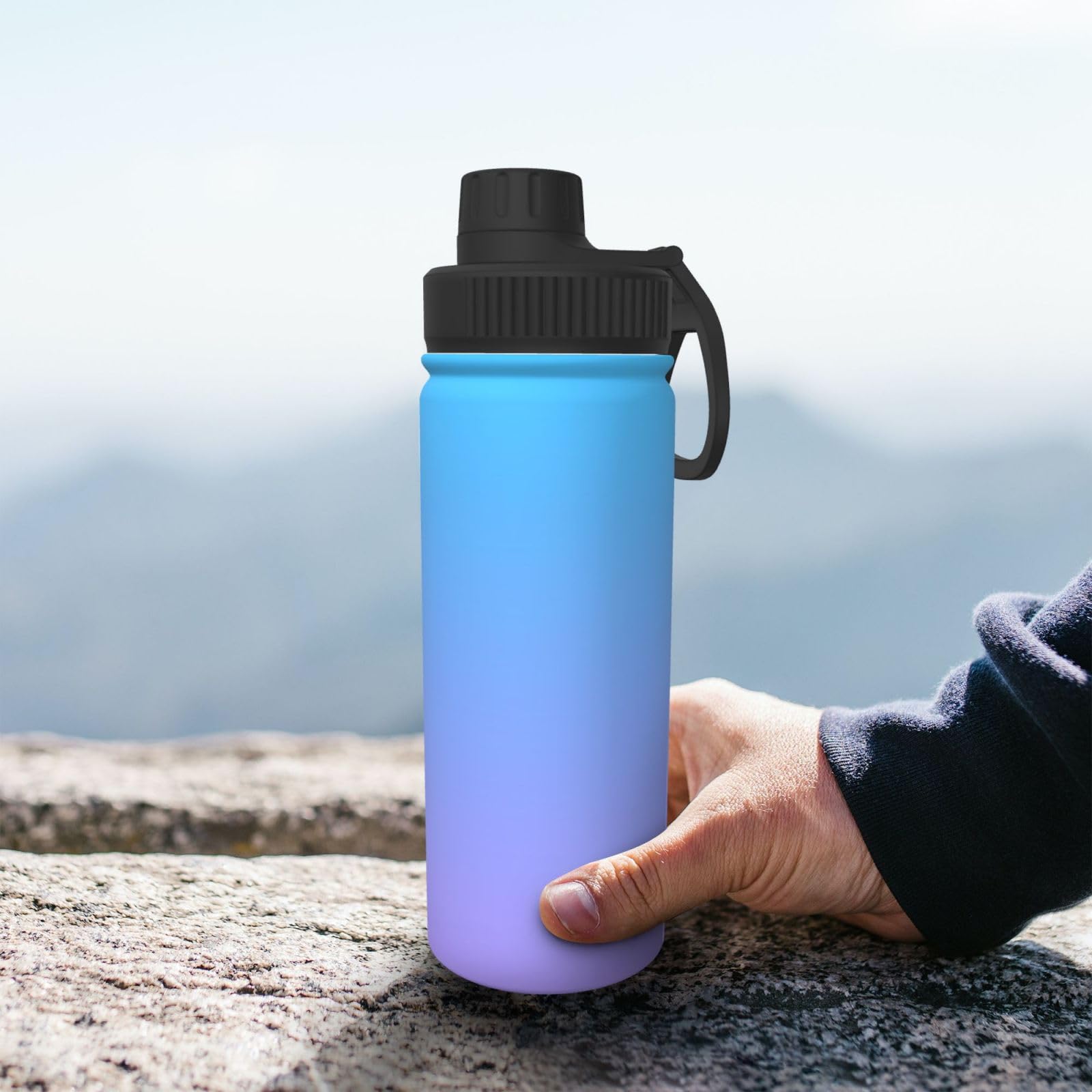 Sport-Trinkflasche, Edelstahl, 530 ml, isolierter Becher für Reisen, Fitnessstudio, Outdoor, Hellviolett und Blau