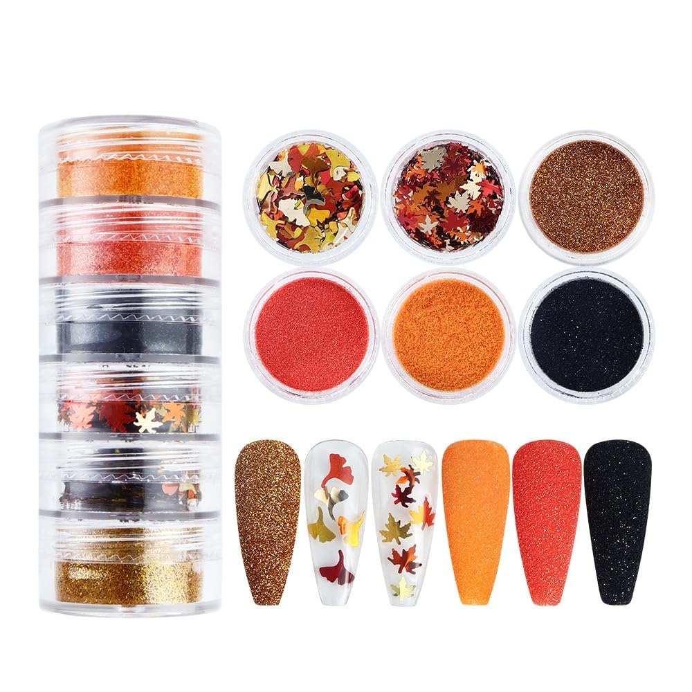 S.A.V.I Nail Art Glitter Set – 6 Jars Maple Leaf & Ginkgo Flower Sequins, Fine Shiny Nail Decoration-image-44