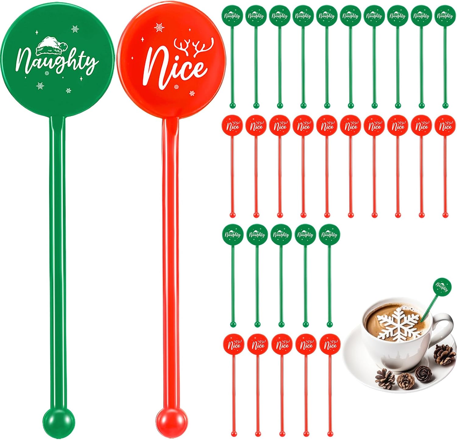 Cunhill 30 Pcs Christmas Drink Stirrers Xmas Coffee Stir Sticks Holiday Cocktail Swizzle Plastic Reusable Drink Stirrers for Chocolate Hot Cocoa Bar Supplies Cocktail Mixers Christmas Party Decoration