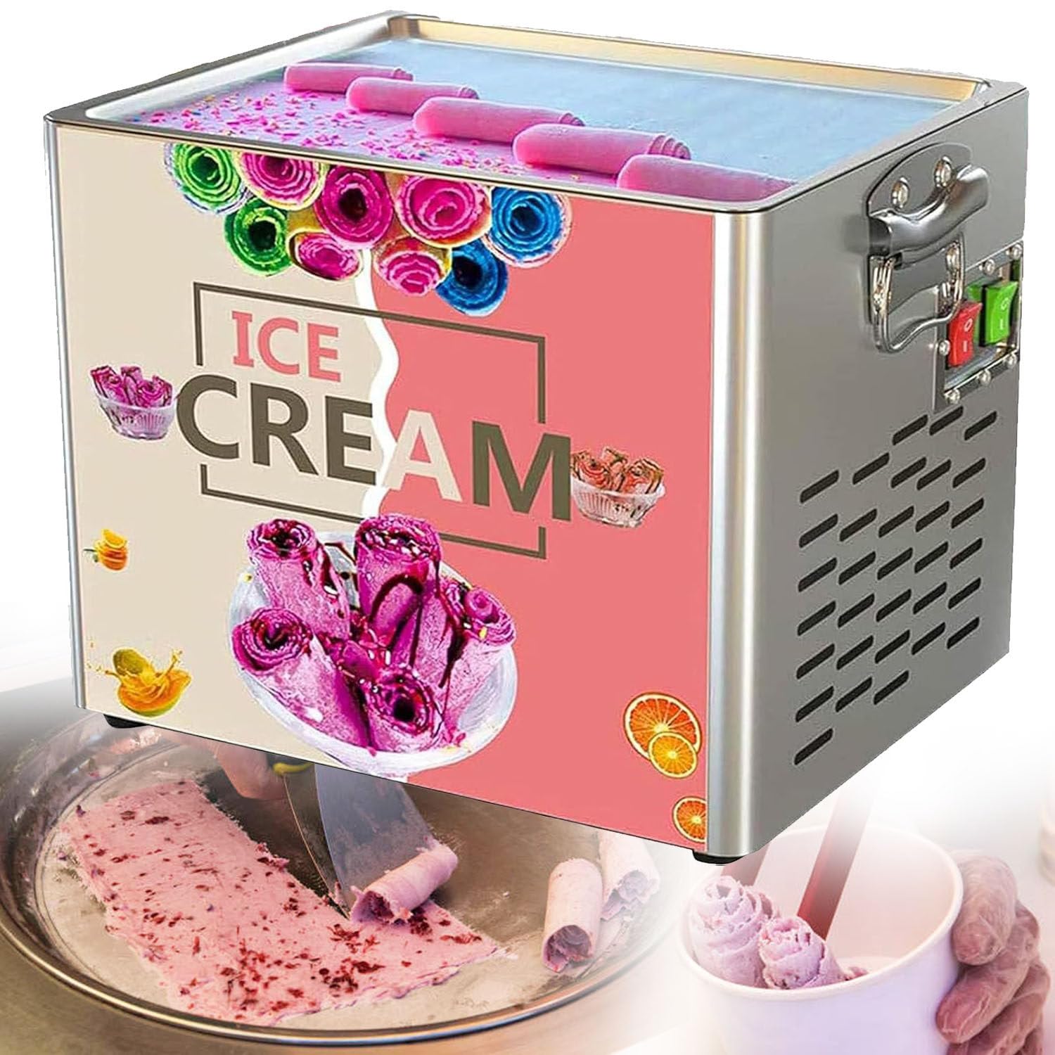 HCZKIUJY 330W Commercial Rolled Ice Cream Maker Machine, 30x25cm Rolling Ice Maker for Yogurt Ice Cream, Stainless Steel Stir-Fried Maker