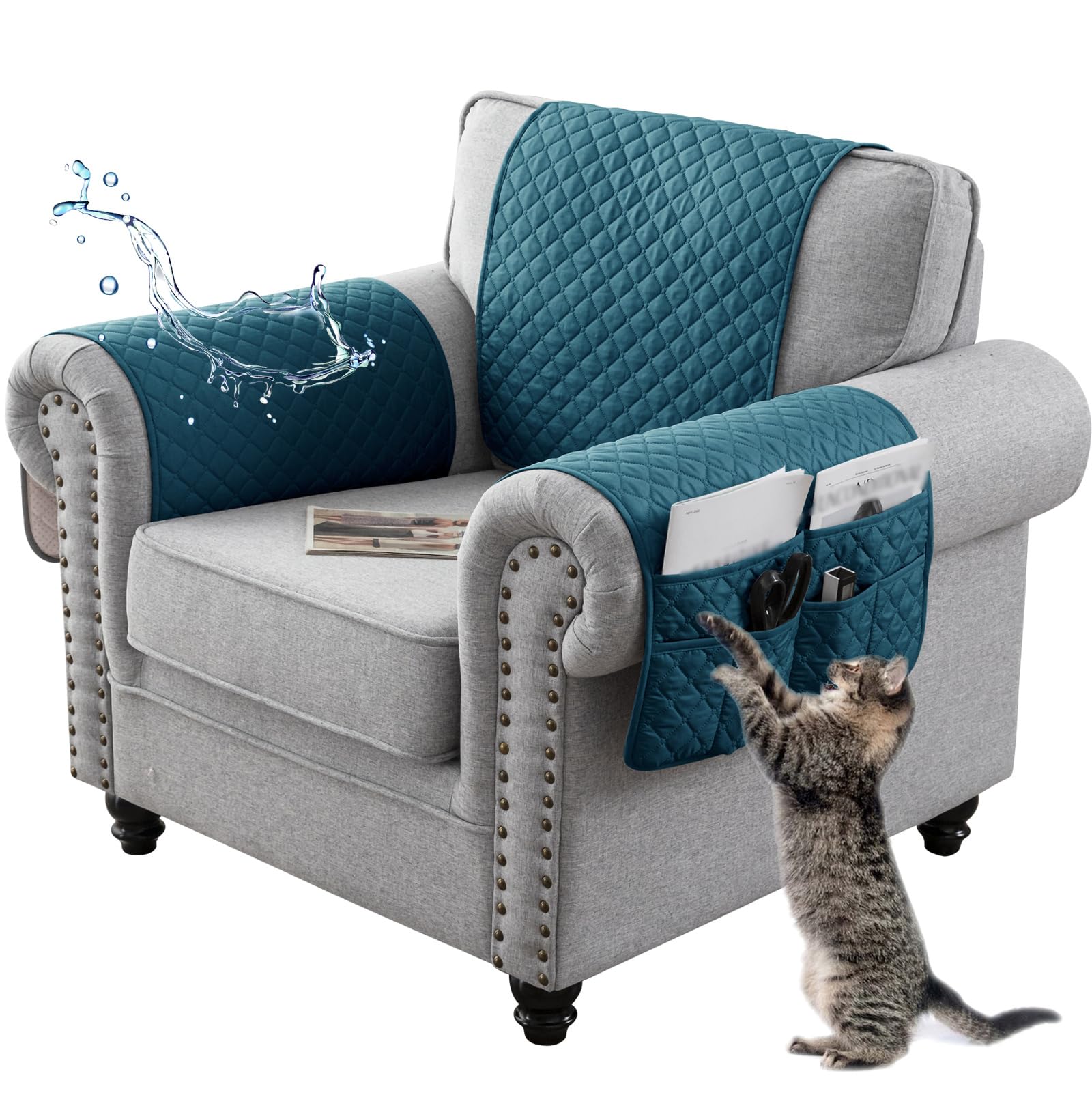 Sofa Armrest Cover, Headrest Cover for Recliner Chair Arm Cover, Armchair Slipcover Non Slip Quilted Furniture Protector for Sofa Recliner Armchair Cats Dogs (Aqua Blue,3 Seater(5pcs))