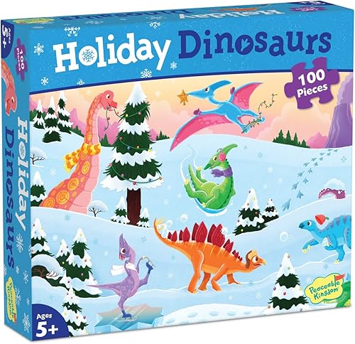 Peaceable Kingdom Rompecabezas de dinosaurios navideños, rompecabezas de dinosaurios de 100 piezas para niños a partir de 5 años, ideal para aulas