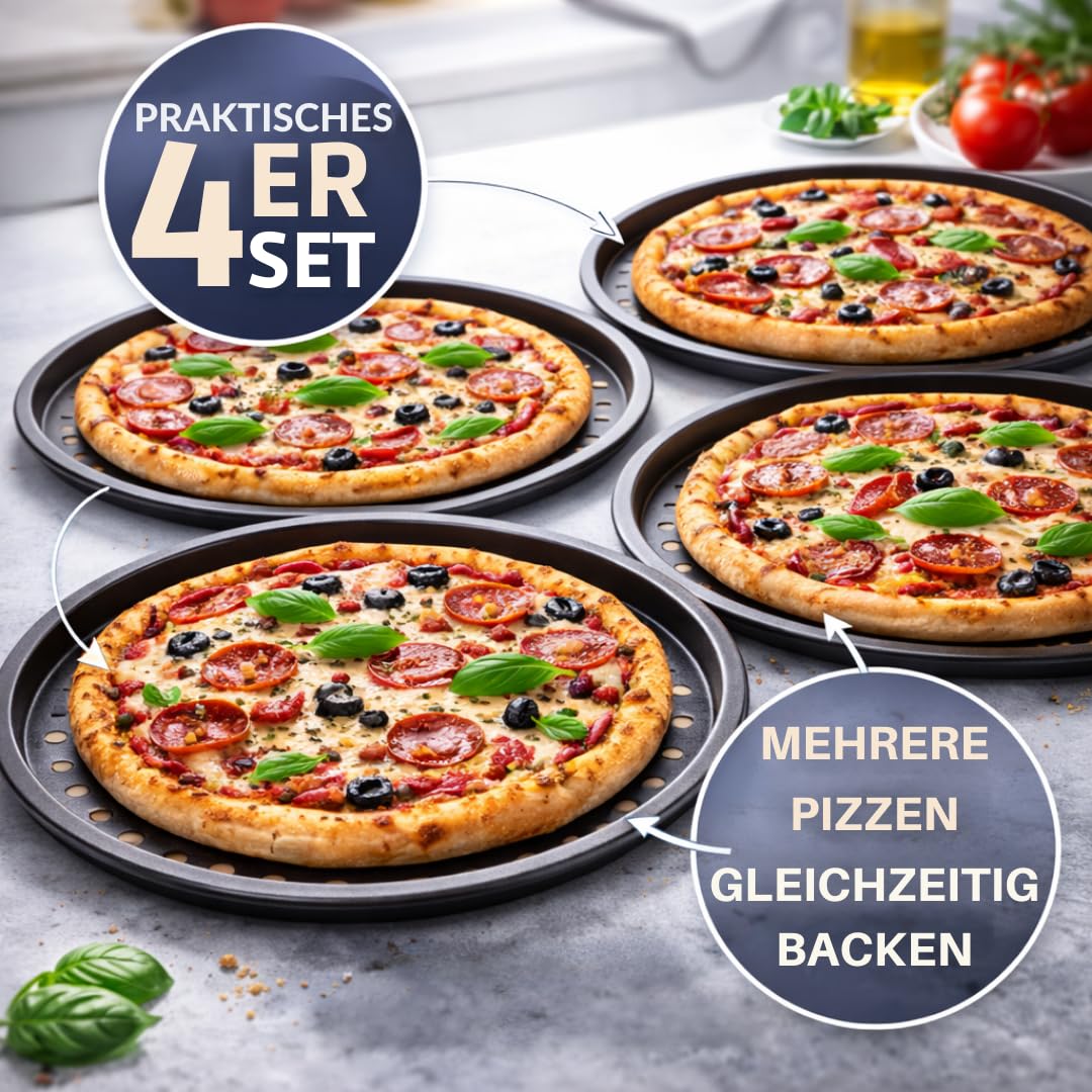 Lot de 4 plaques à pizza Ø 32 cm - Plaque ronde perforée pour pizza et tarte flambée en acier - Revêtement antiadhésif - Résistant à la chaleur jusqu'à 250° - Anthracite