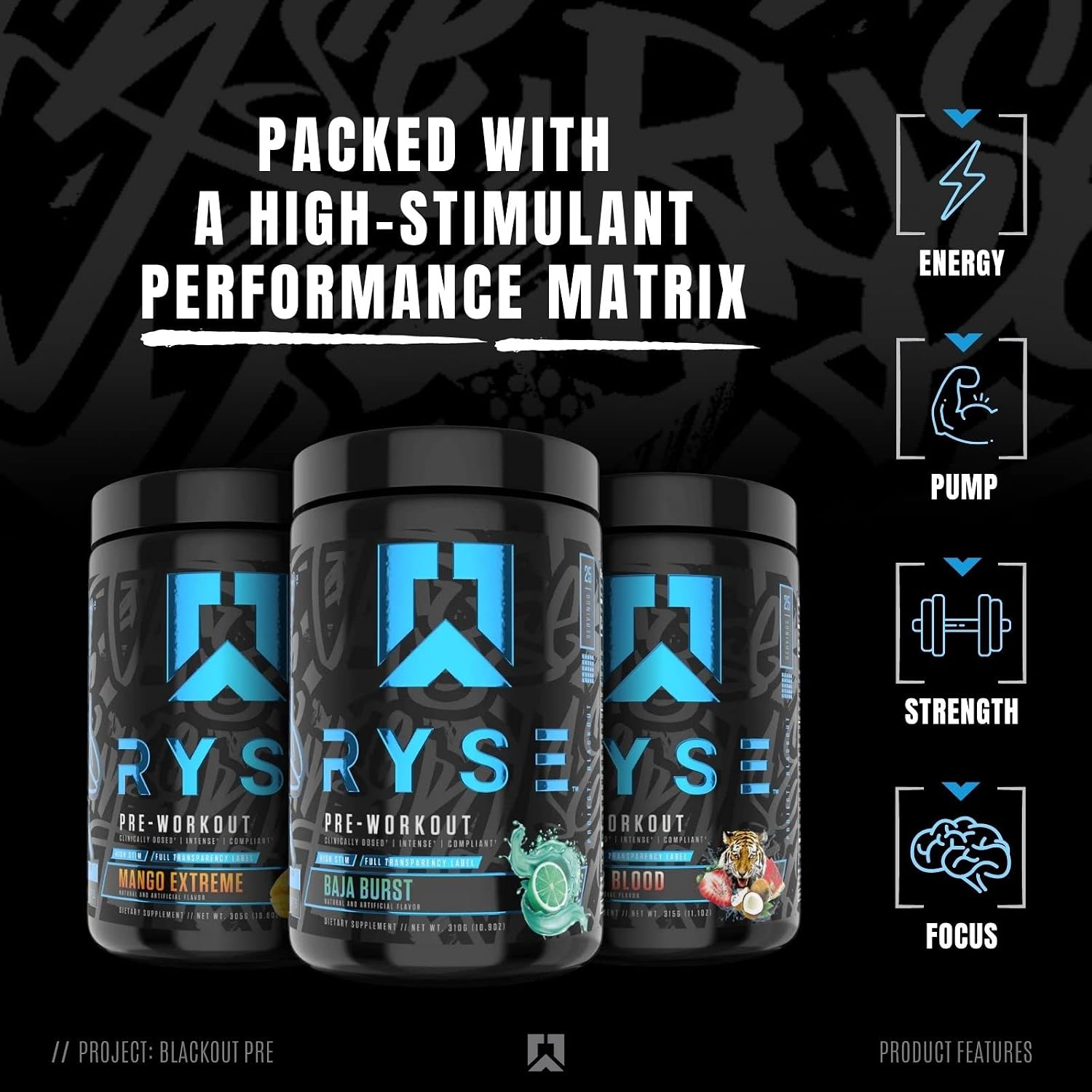Ryse Project Blackout Pre Workout | Pump, Energy, and Strength | with Caffeine, Vitacholine, Nitrates, and Theobromine | 25 Servings (Baja Blast)