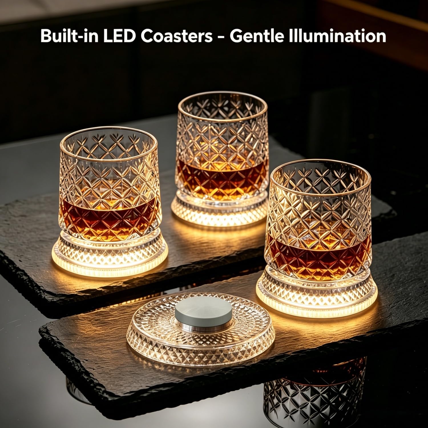 Bicchieri da whisky rotanti a 360°, con sottobicchieri luminosi a LED, bicchieri trasparenti rotanti da 270 ml, per scotch e bourbon, bicchieri da cocktail per feste a casa, regalo per gli amanti del