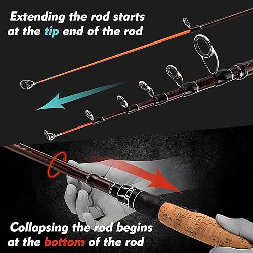 Miniatura 4 de EOW XPEDITE Cañas de pescar telescópicas portátiles, spinning y casting, 24T en blanco de carbono y punta de carbono sólido, mango de corcho, caña