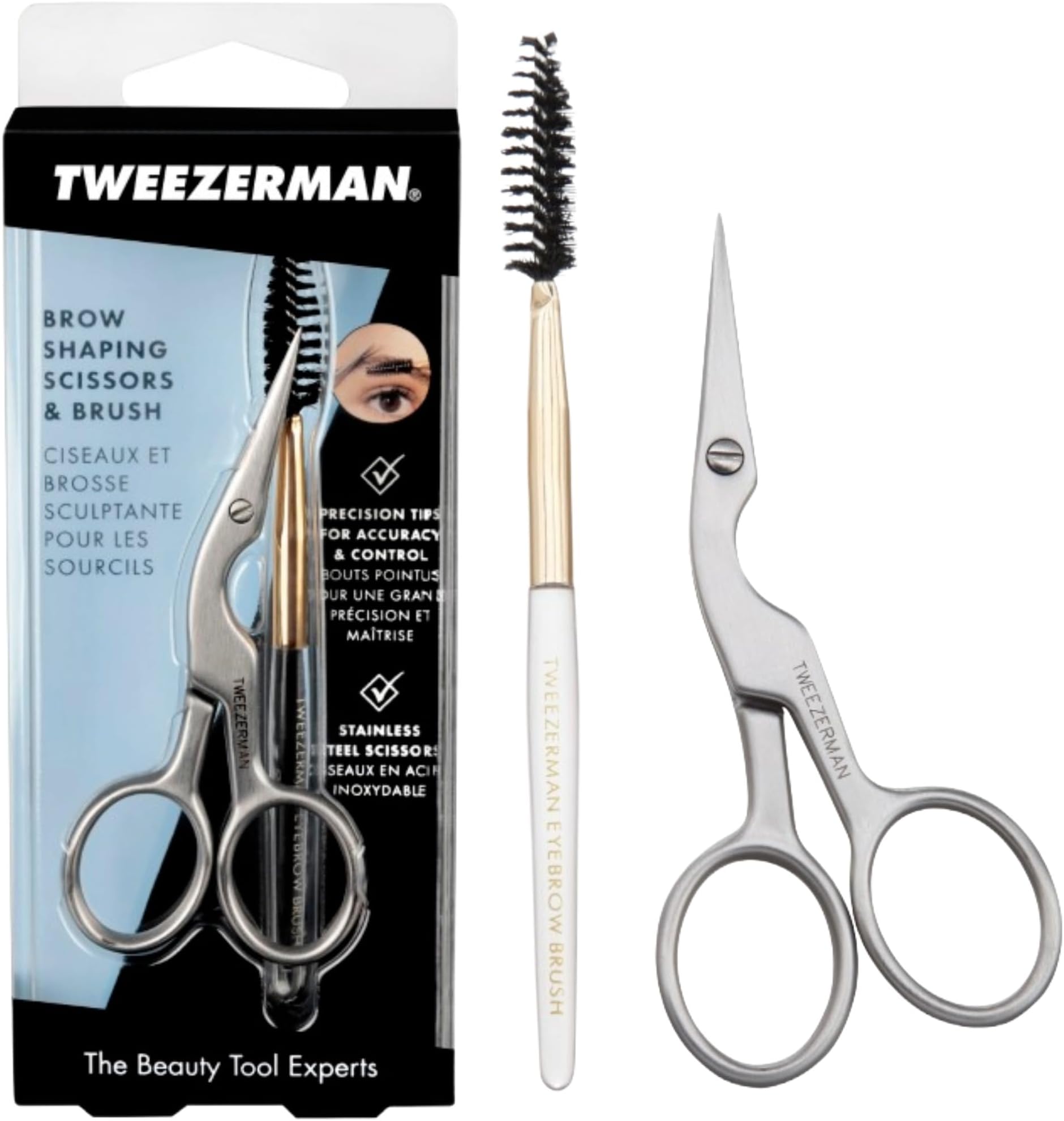 Tweezerman Eyebrow Shaping Kit, Brow Scissors and Brush, Professional Stainless Steel Mini Scissors, (Pack of 2)