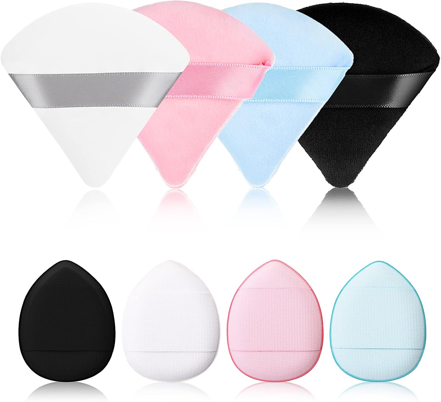 WLLHYF Makeup Sponges, 4 Pcs Triangular Powder Puff and 4 Pcs Mini Finger Soft Velour Synthetic Puffs for Wet Dry Foundation Beauty Tool Black White Blue Dark Pink