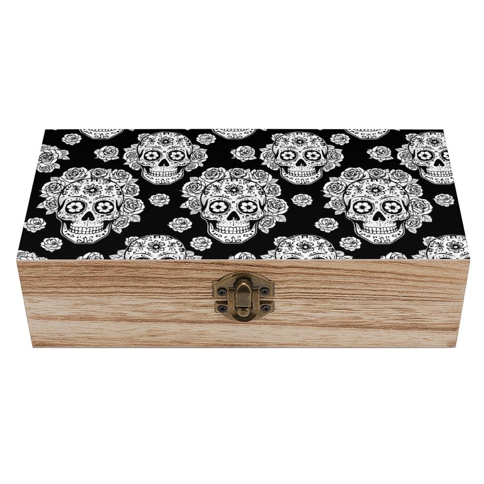 HLBSDM Floral Rose Sugar Skull Head Black Wooden Storage Box