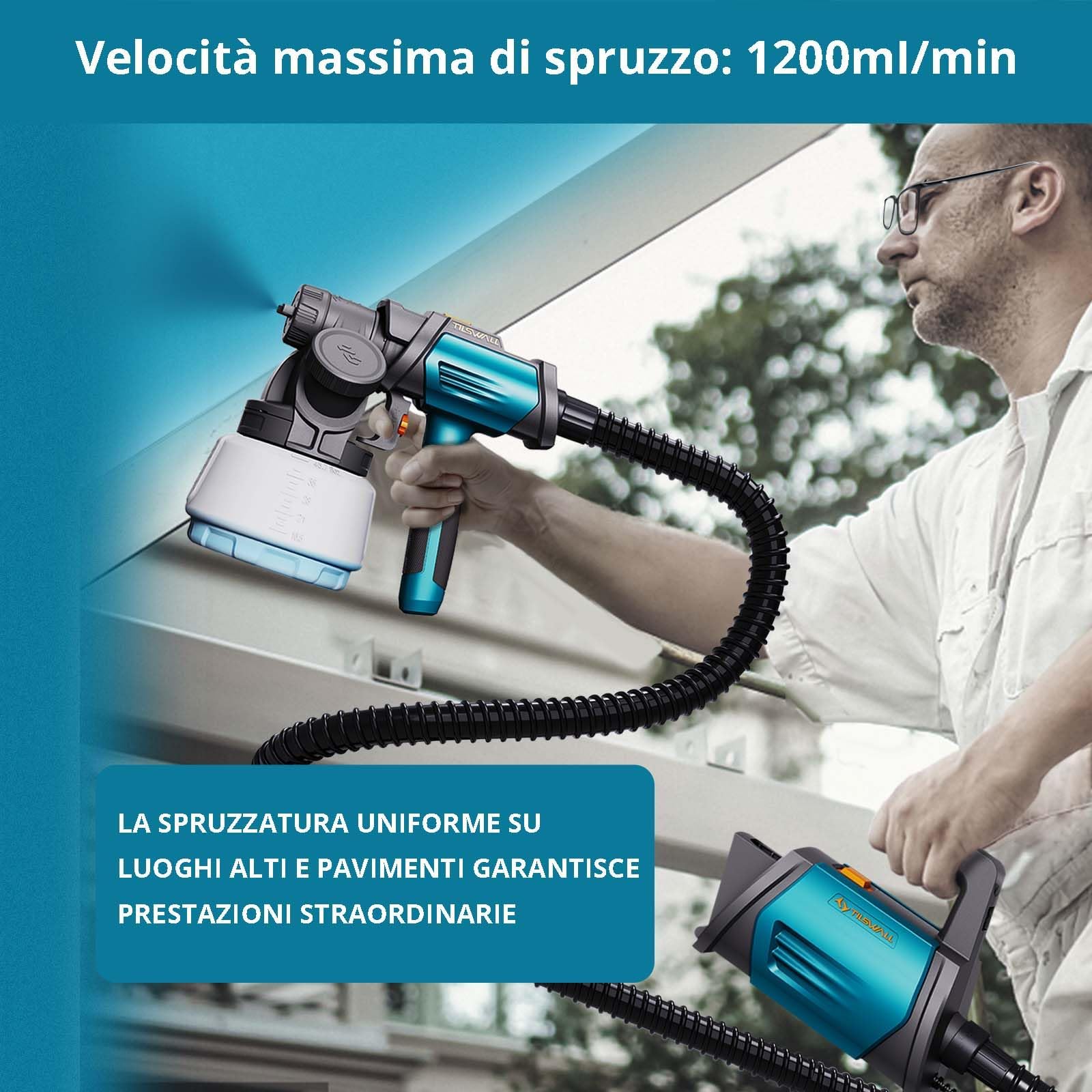 Tilswall Pistola a Spruzzo per Verniciare Shark 800, Pistola Vernice Elettrica con Contenitore 1300 ML, 4 Ugelli in Ottone e 3 Modalità di Spruzzo, 1200 ML/MIN, Facile da Pulire per Mobili, Pareti