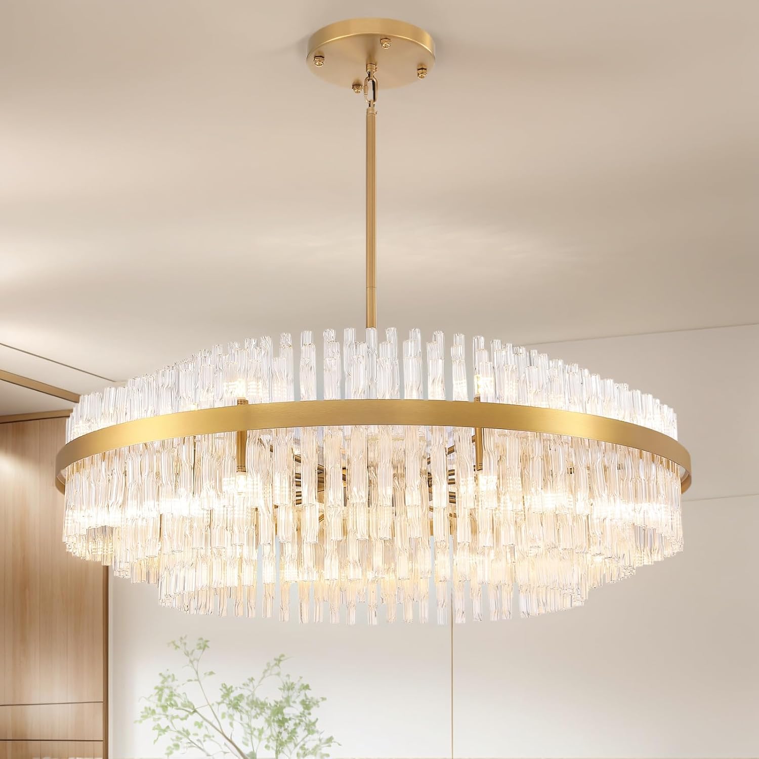 Siljoy 24-Light Modern Crystal Chandelier, Large Gold Round 3-Tiers Raindrop Crystal Chandelier, Luxury Dimmable Flush Mount Pendant Ceiling Light Fixture for Living Dining Room Entry Foyer D39.4''