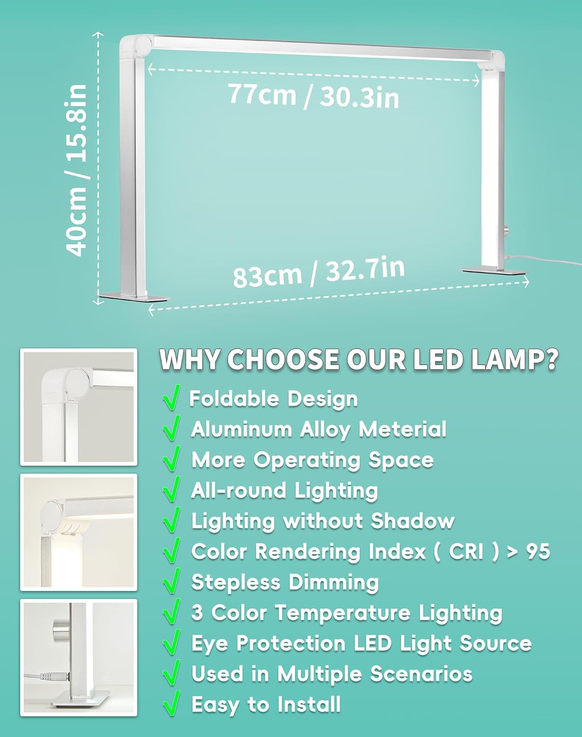 Foldable Half Moon Light for Nail Desk, 48W Square Nail Table Lamp, 33in LED Desk Lamp with Knob, 3 Modes 3000-6000K Dimmable (Silver)