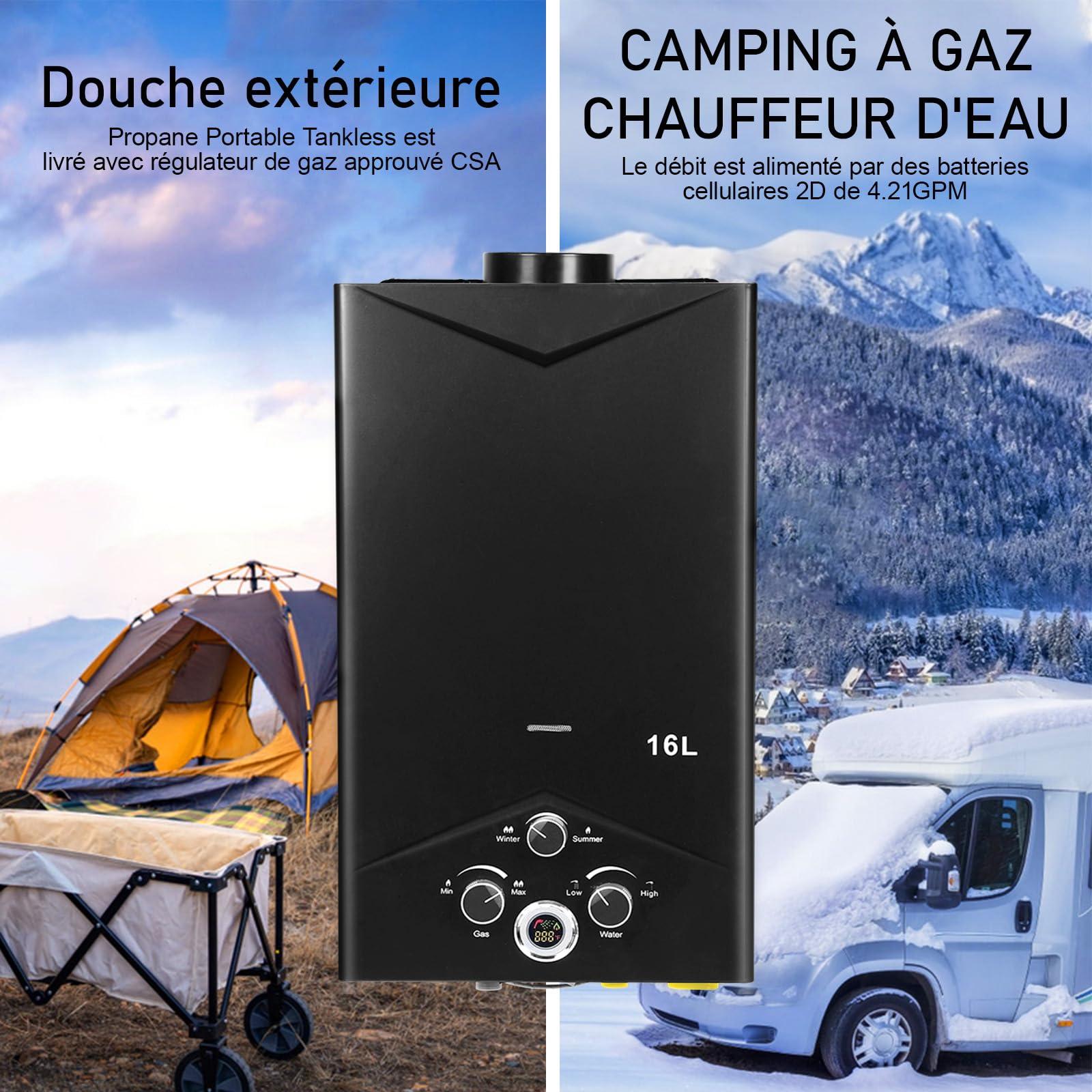 Chauffe-Eau à Gaz 16L Portable avec Affichage Numérique | Chauffe-Eau Instantané au Gaz Propane pour Camping, Douche Extérieure, Caravane et Intérieur | Chauffage d’Eau Sans Électricité