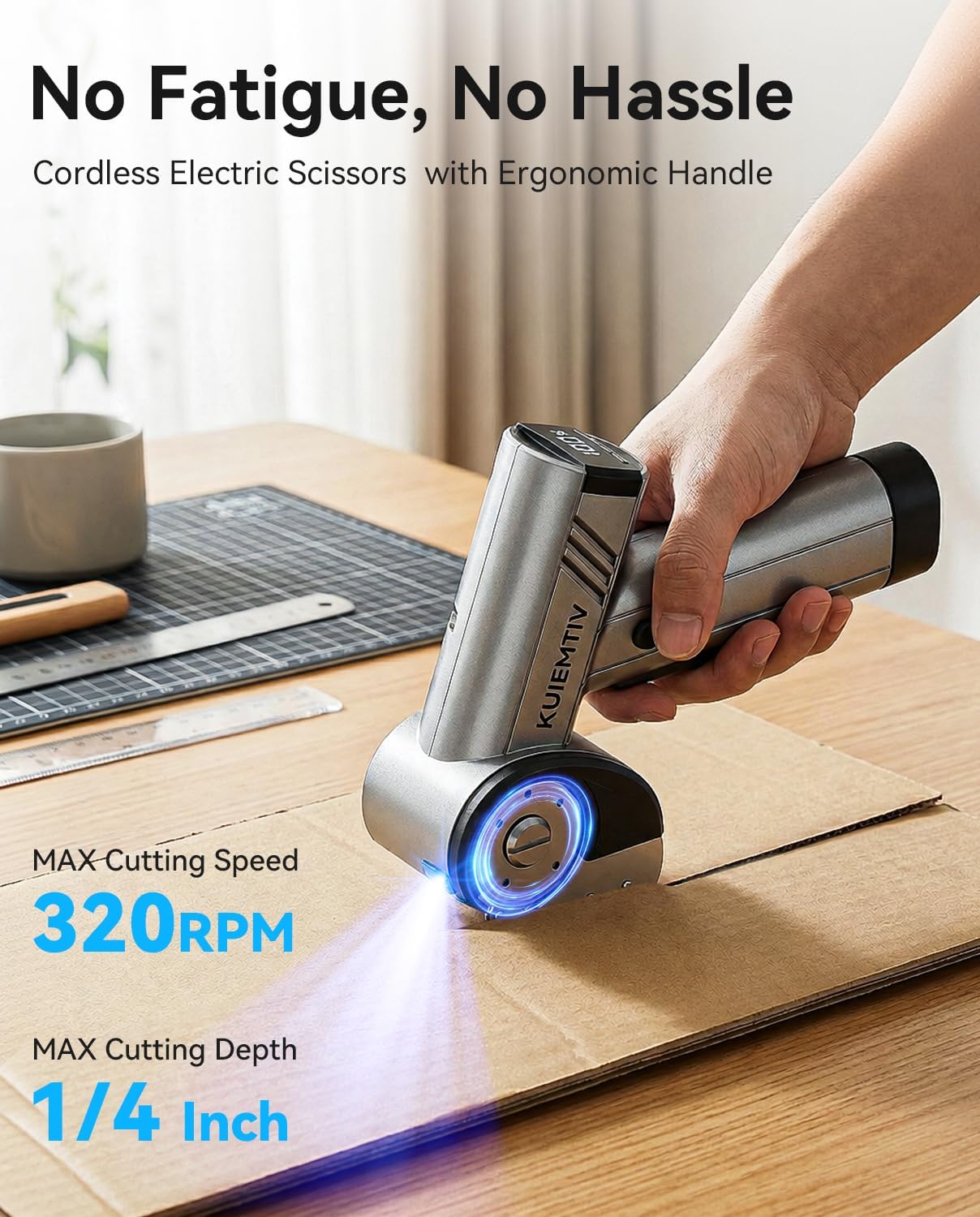 4.2V Electric Cardboard Cutter, 320RPM Cutting Speed Ergonomic Electric Scissors with 3 Blades & Storage Bag, LED Display Electric Box Cutter for Cardboard, Carpet, Rope, and Blister Package