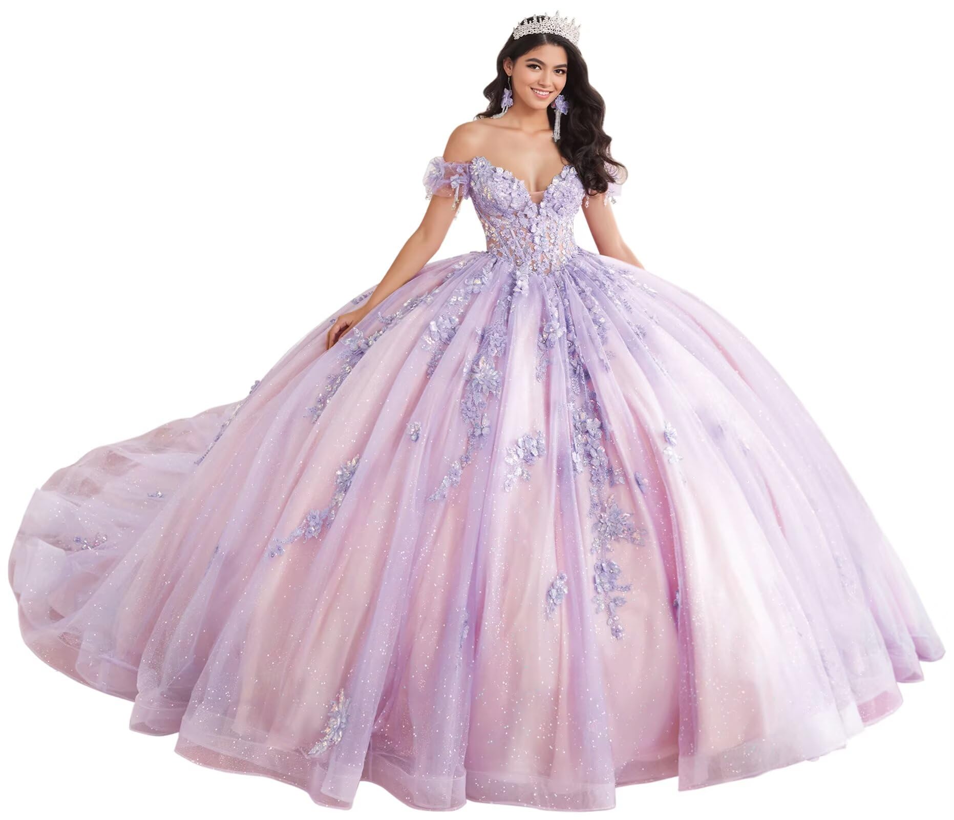 Lace Appliques Quinceanera Dresses 3D Flower Ball Gown Sparkly Tulle Sweet 16 Dresses Off The Shoulder Quince Dress