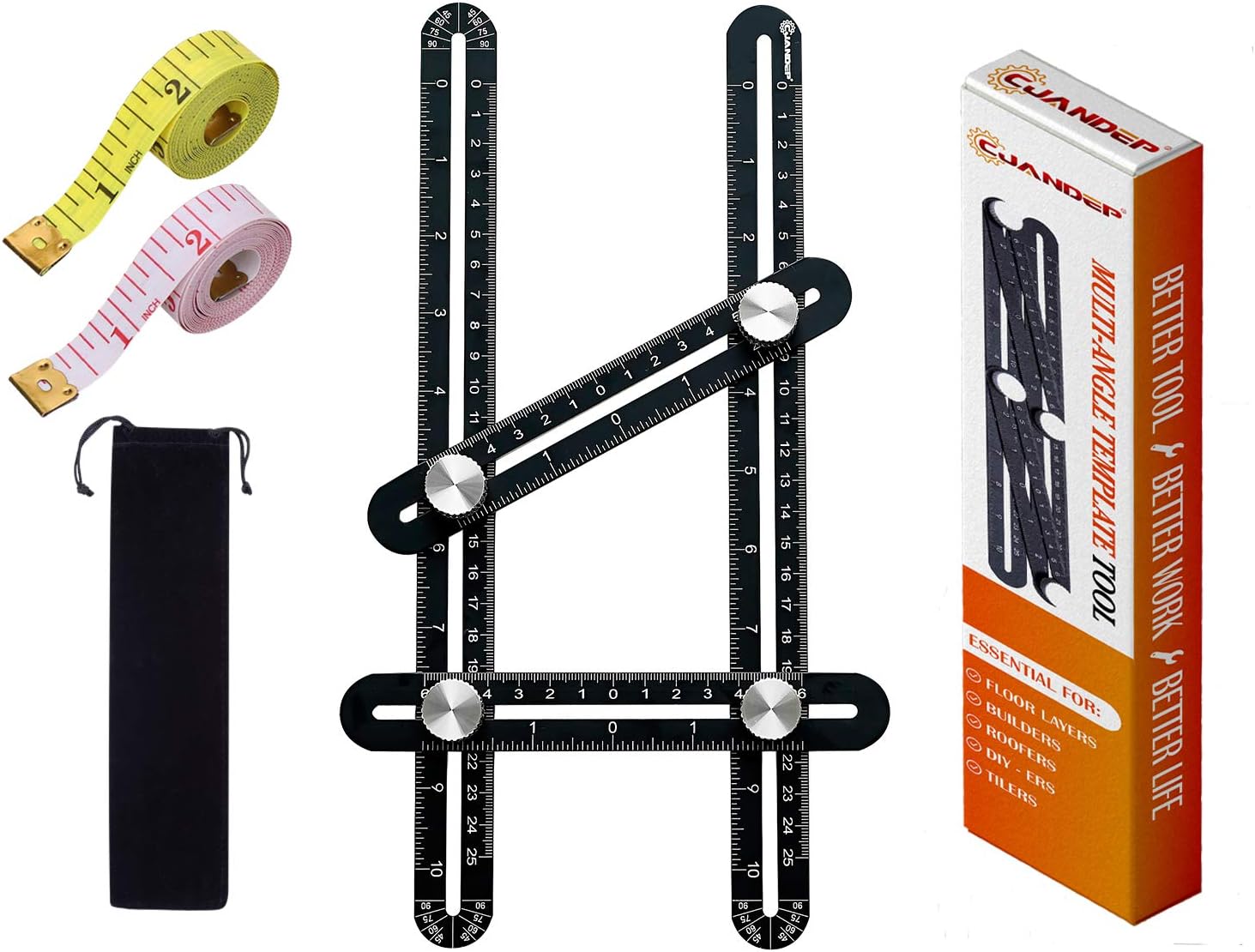 Angle Measurement Tool | Aluminum Alloy Angle Template Tool | Universal Angle Ruler | 5 Bonus Items - Protective Pouch, 2 Tape Measures, Instruction and High-Grade Packing Box