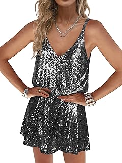 Women Sequin Sexy V Neck Shift Dress Sparkly Glitter Sleeveless Short Flowy Loose Party Night Out Club Dress