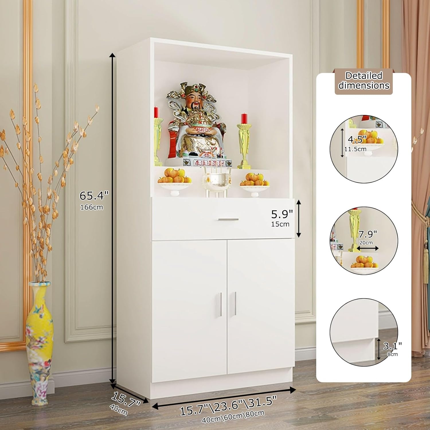 Altar Table with Storage, Large Pooja Cabinet with Doors & Pull-Out Worship Shelf, Wood Construction, 15.7–39.9'' Wide Shrine Table for Home, Office or Temple Use, Multi-Tier Design for Prayer Items