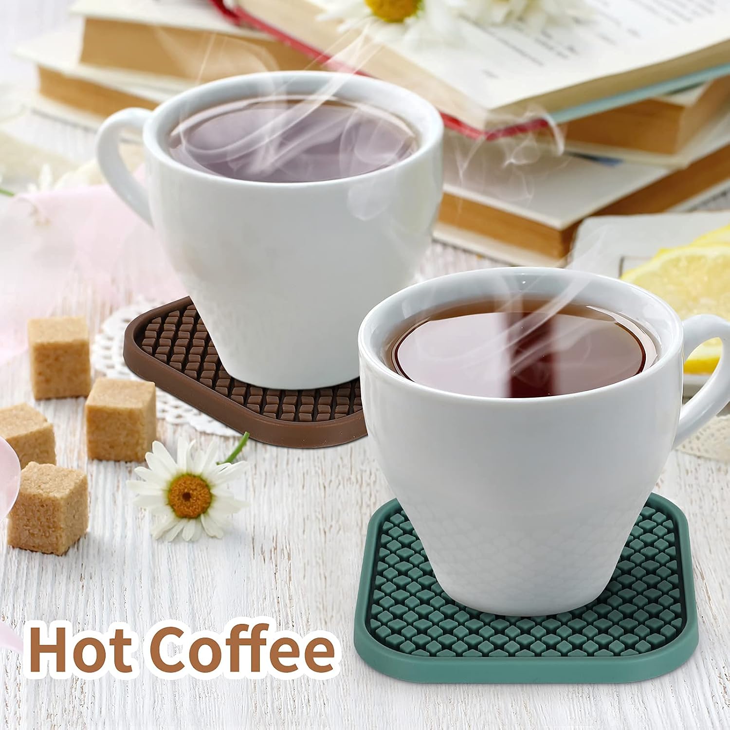 Silicone Coasters [6 Pack] ME.FAN Coasters for Drinks,Drink Coasters with Holder - Cup Mat - Non-Slip, Non-stick, Stay Put, Deep Tray - Prevents Furniture and Tabletop Damages Square Black