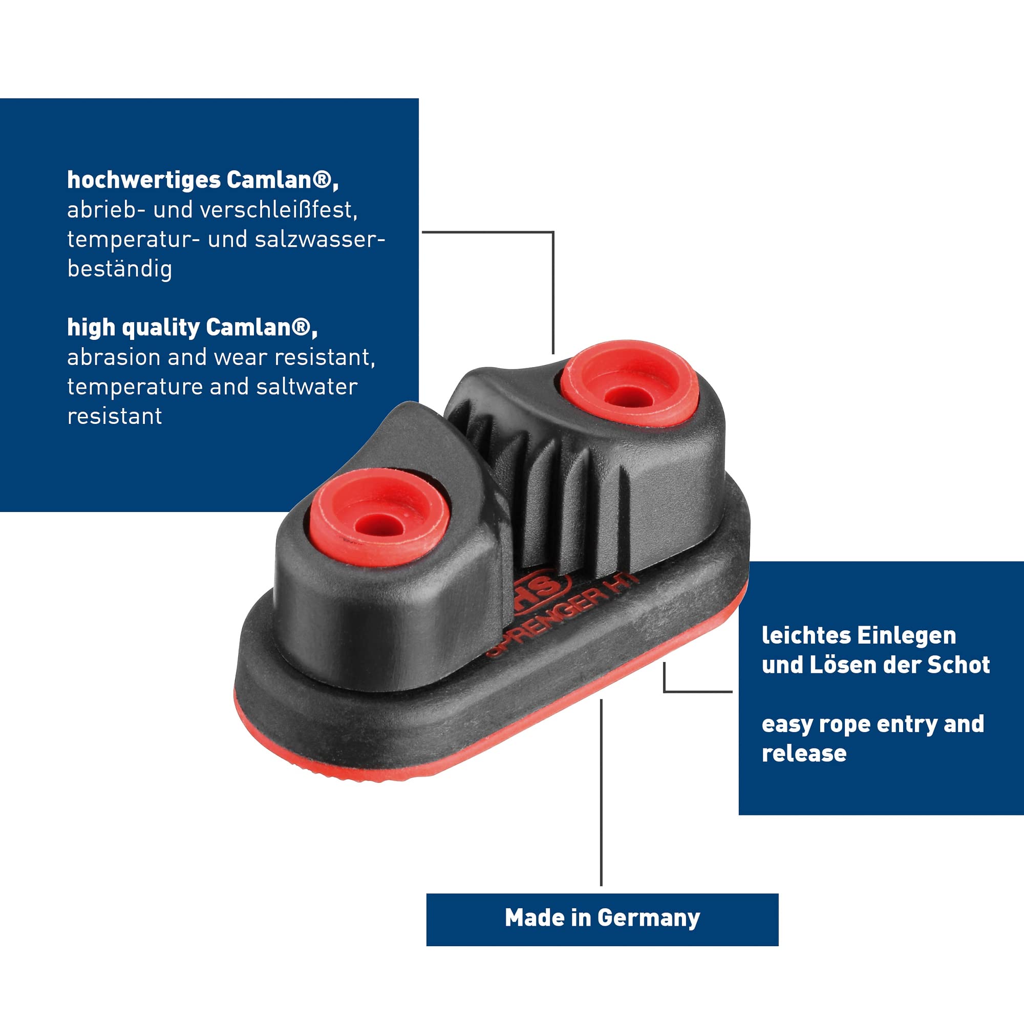 Sprenger Schotklemme mit Gleitlager | aus hochwertigem UV-beständigem Camlan® und rostfreien Edelstahl Federn | für Tauwerk mit 3 – 6 mm Durchmesser