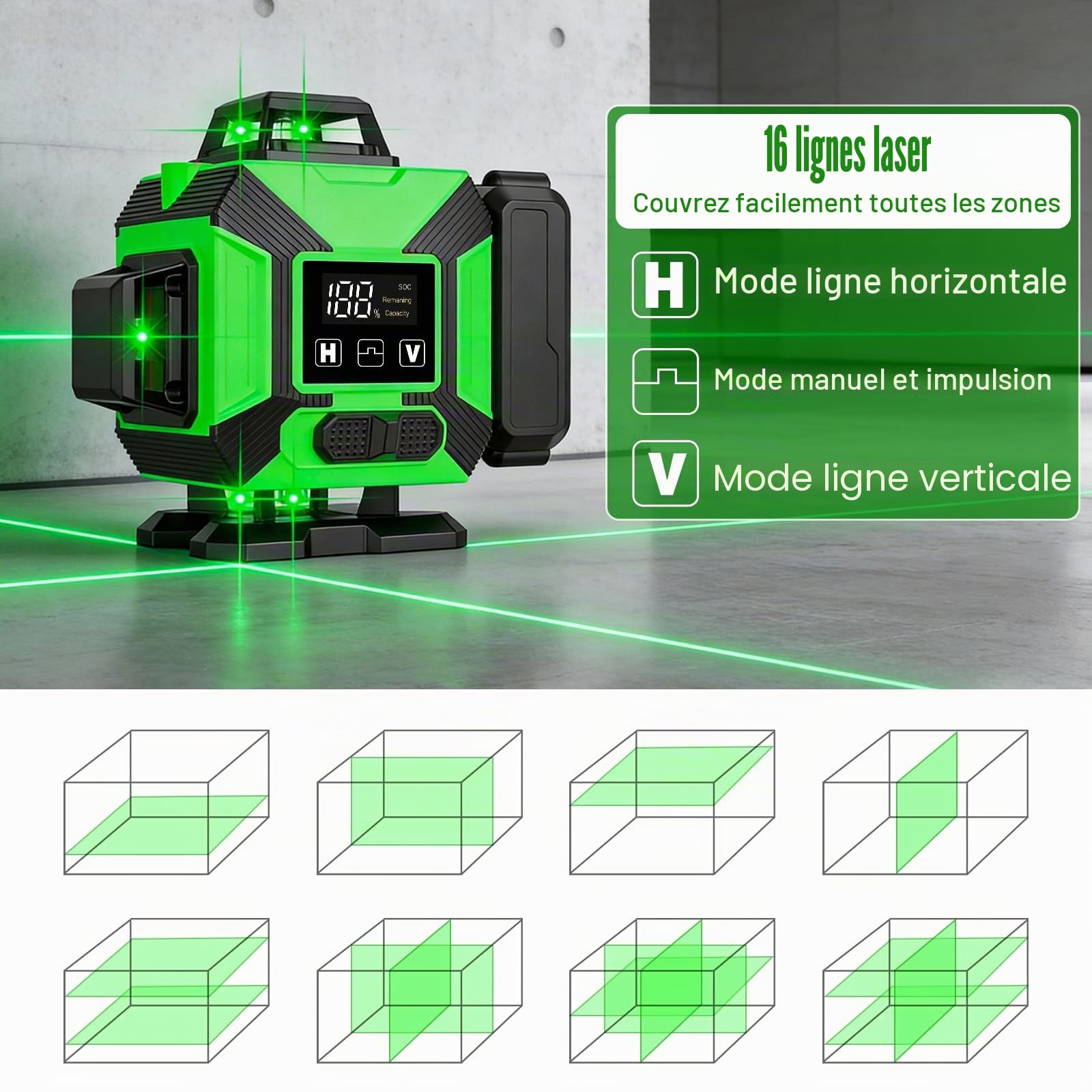 Niveau Laser avec Trepied 4 x 360°, Laser Chantier 4D 16 Lignes | 2xBatterie 3600mAh, Nivellement Automatique avec Support Mural, Support Rotatif, Télécommande, IP54 Étanche et Anti-Poussière