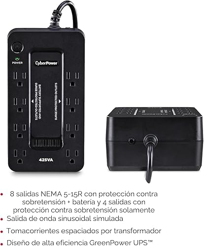 Vista 4 de CyberPower ST425 UPS de reserva con respaldo de batería y protector contra sobretensiones, 425VA/260W, 8 tomas de corriente, compacto, certificado UL