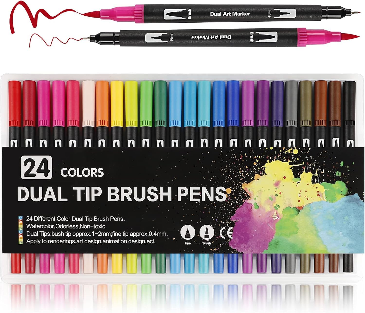Wynhard Brush Pen Set Sketch Pen Set Drawing Pen Dual Tip Brush Pens Markers for Drawing Brush Pens 24 Shades Art Markers Set Fineliner Color Pens Water Based Marker for Calligraphy Sketching Drawing