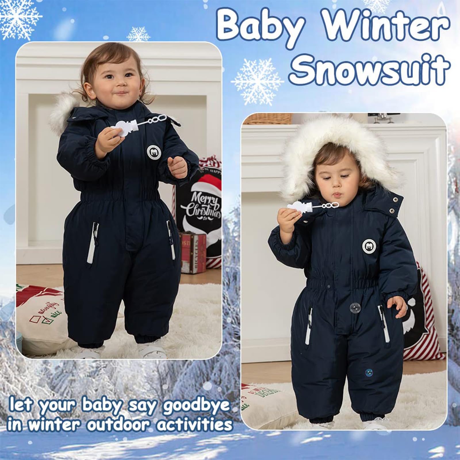 Baby Jungen Schneeanzug mit Kapuze Schneeoverall Baby Winteroverall Winddichte Warme Skianzug Mädchen Fleece Dicke mit Fellkragen Kapuze