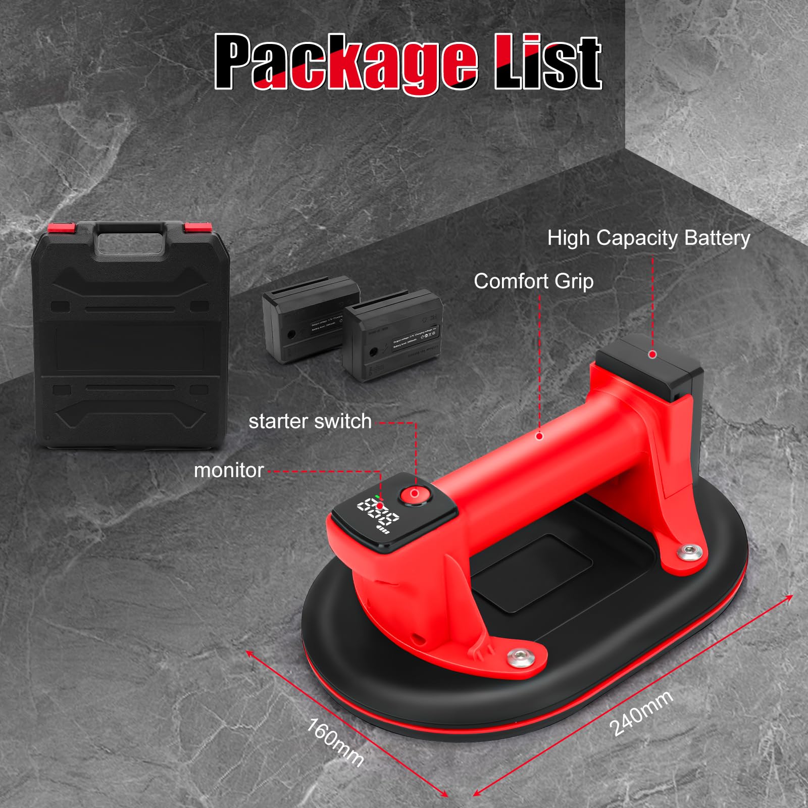 Sollevatore a batteria per piastrelle, ventosa a vuoto elettrico con display digitale, funzione di accensione/spegnimento automatico con 2 batterie, aspiratore in vetro per granito, vetro, piastrelle