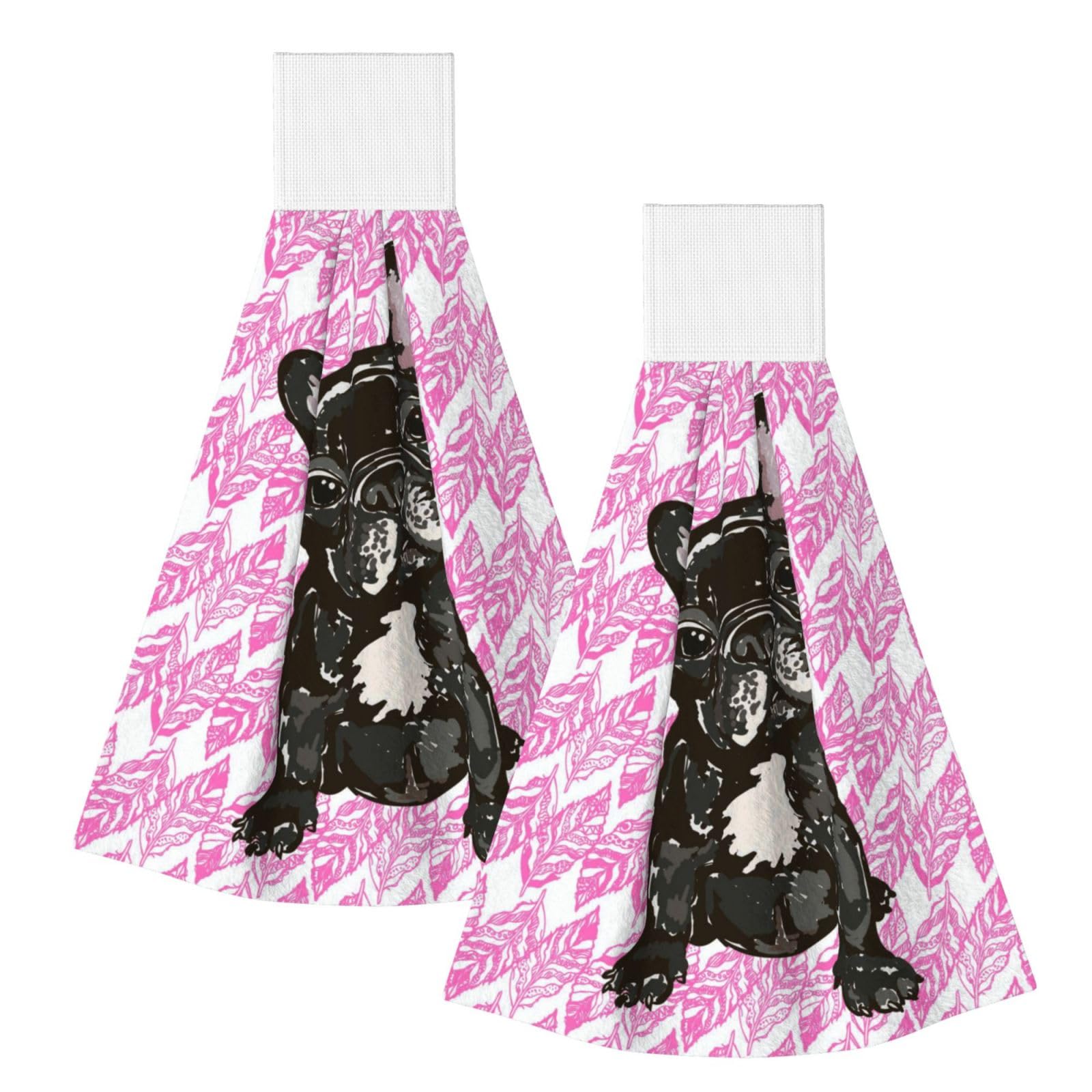 DOPKLNA Puppy French Bulldog, 2 Pcs Hanging Coral Fiber Hand Towels for Bathroom, Absorbent Kitchen Towels