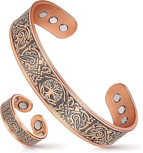 Mahnco Pulsera de cobre para hombres y mujeres, pulseras magnéticas de fuerza 9X y anillo de drenaje linfático para hombres, 100% cobre puro sólido,