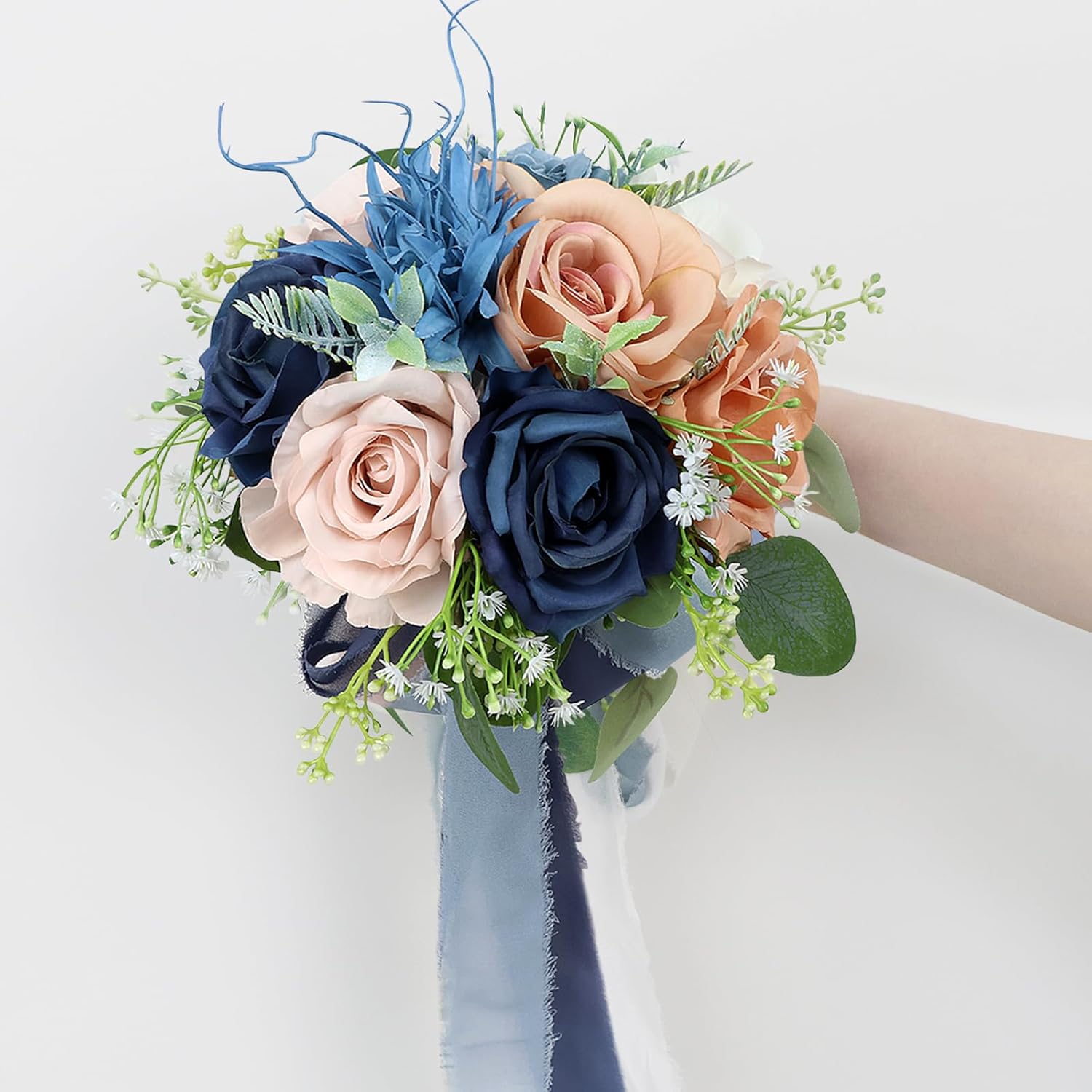 Wedding Bouquets for Bride - Artificial Bridal Bouquets Pre-Made Roses Flower Bouquets for Vintage Wedding or Centerpieces Decoration - Dusty Blue & Pink