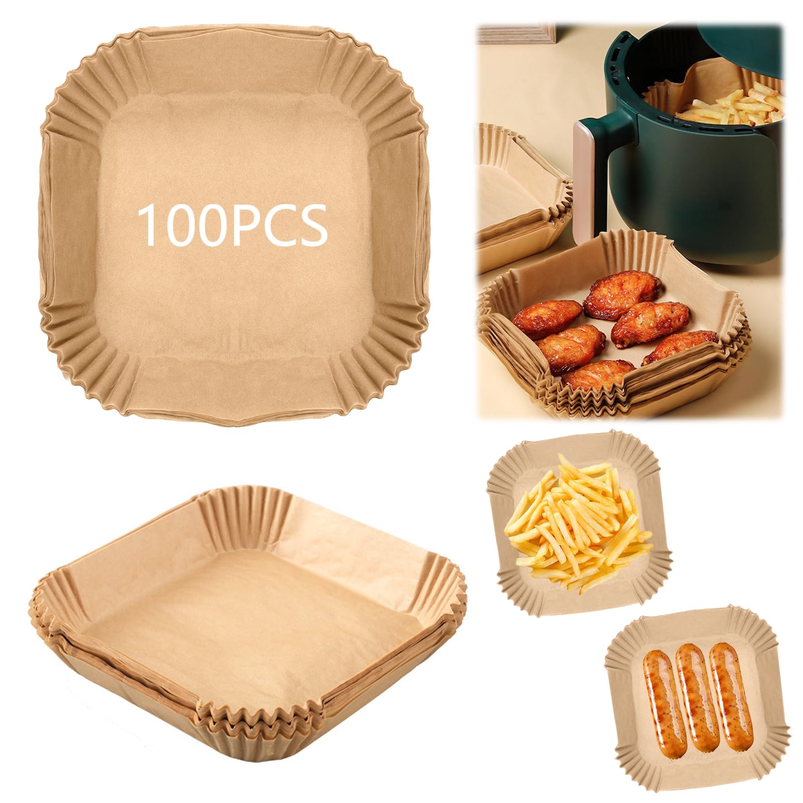 100 Piezas Papel para Freidora de Aire, 18x18 cm Papel Air Fryer Cuadrado, Papels Freidora Aires Desechable Antiadherente, Papels para Freidoras de Aire Dual Zone, para Hornear Asar y Microondas