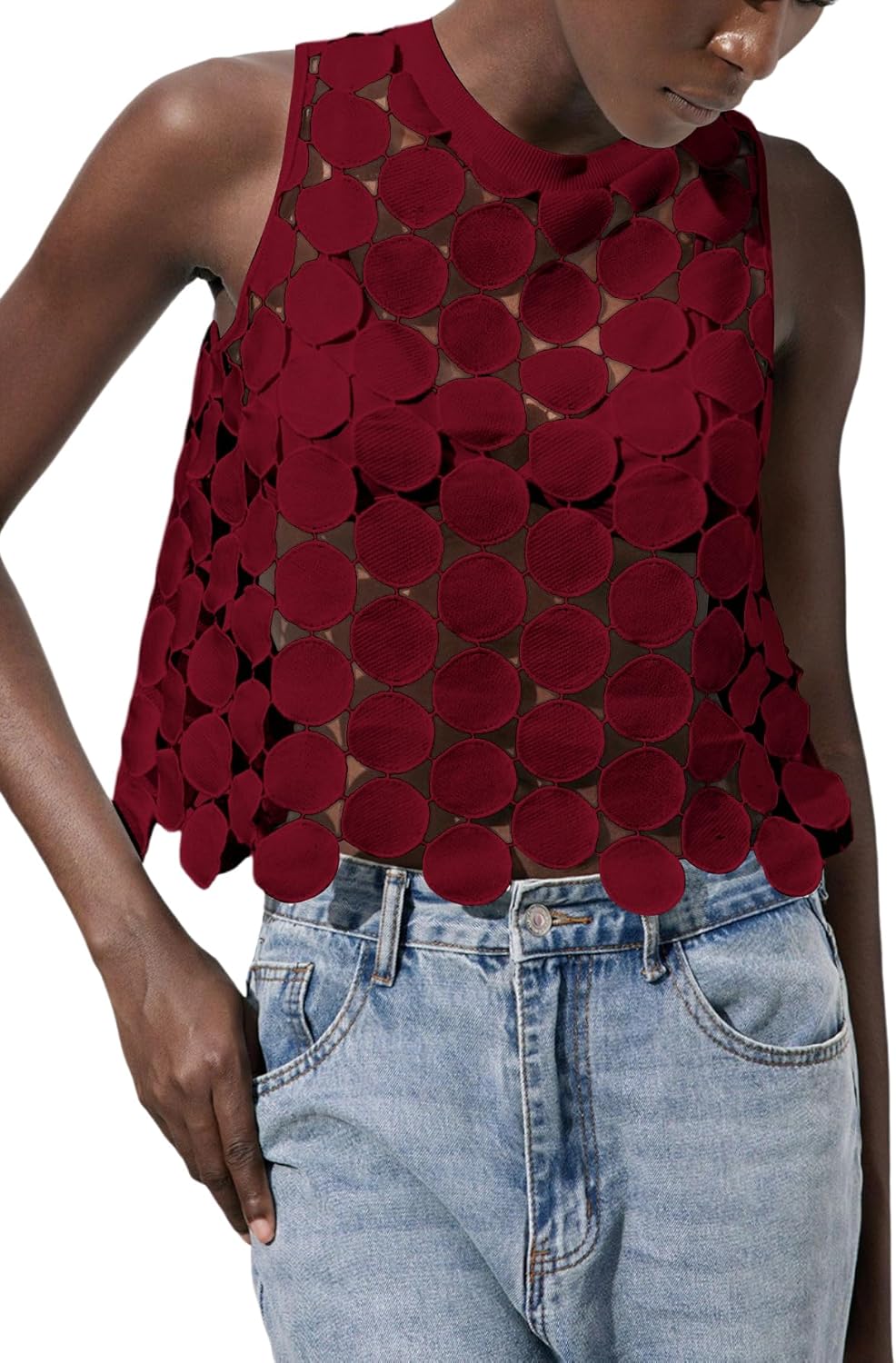 SHENHE Women's See Through Tank Tops Sexy Hollow Out Polka Dots Asymmetrical Going Out Tops