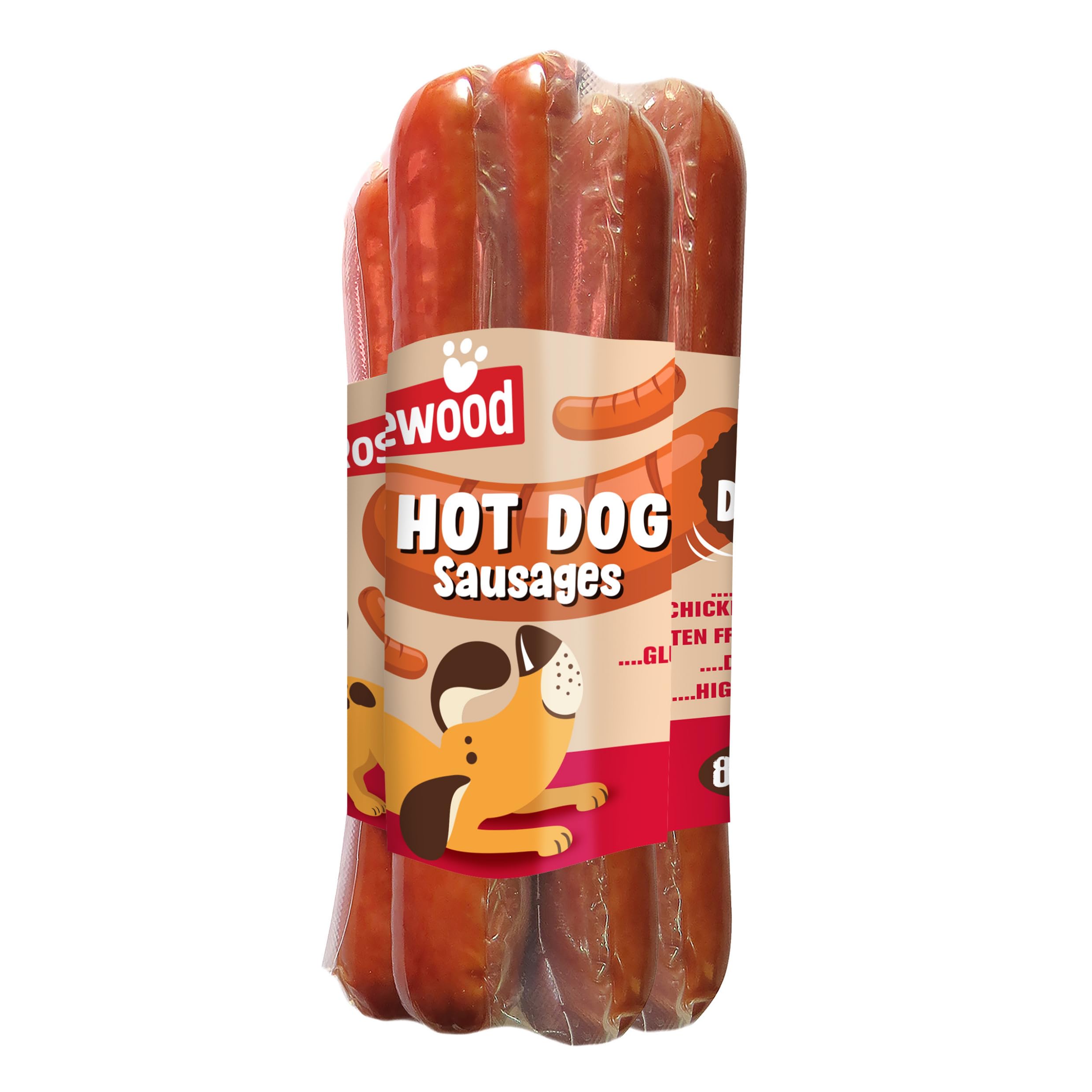 Rosewood Hot Dog Sausages for Dogs (8 x 55g) – Gluten Free Meaty Dog Treats with Real Chicken & Pork – Soft Training Snacks for Small, Medium & Large Dogs & Puppies