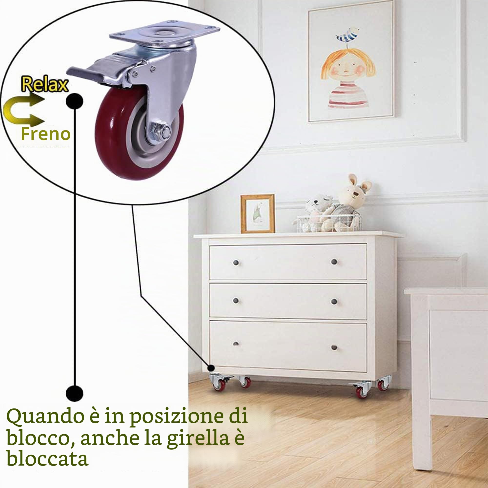 4 pezzi Ruote Per Carrello 100 mm Ruote per mobili con freno Girevoli Pesanti fino a 600kg Rosso