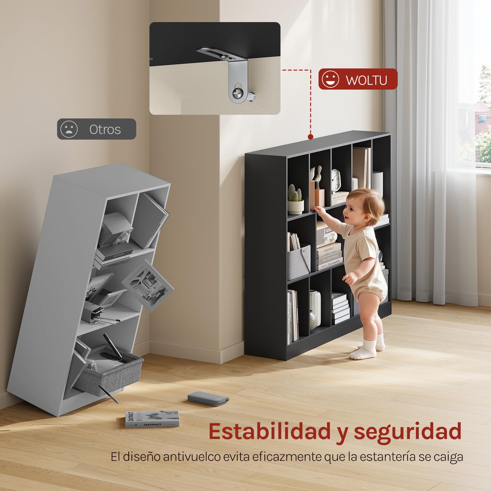 WOLTU Librería para Libros, Estantería Almacenamiento de 13 Cubos en 3 Tamaño, Biblioteca Separador de Espacios, Colocación Vertical y Horizontal, para Estudio u Oficina,109x24x101 cm, Negro