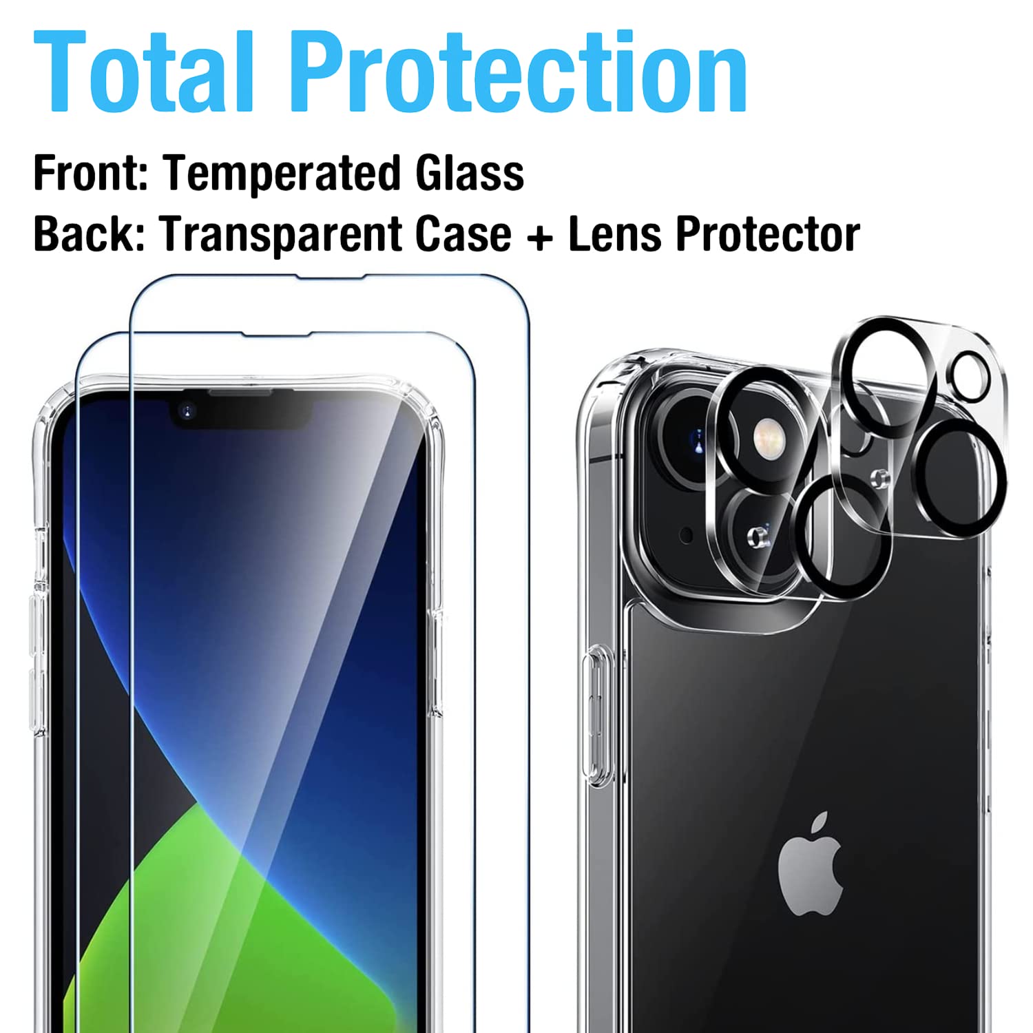 [5 w 1] Kompatybilne z iPhone 14 Etui 6,1 cala z 2-krotnym ochraniaczem ekranu ze szkła hartowanego + 2 x osłona obiektywu aparatu, przezroczysta i elastyczna, odporna na wstrząsy obudowa (przezroczysta)