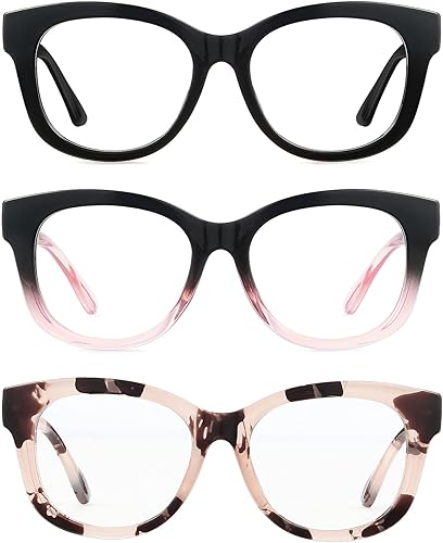 LADEESSE Readers for Women Oprah Style 3 Pack Square Oversized Reading Glasses with Spring Hinge Blue Light Blocking Ladies