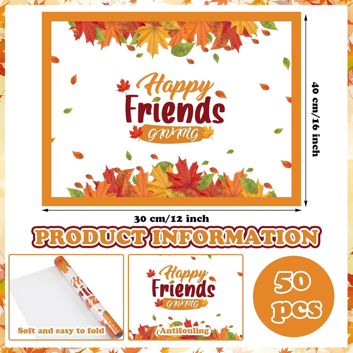 Fulmoon 50 Pcs Thanksgiving Paper Placemats Fall Disposable Placemats with Seasonal Leaves and Friends Fall Giving Design for Thanksgiving Dinner Party Supplies