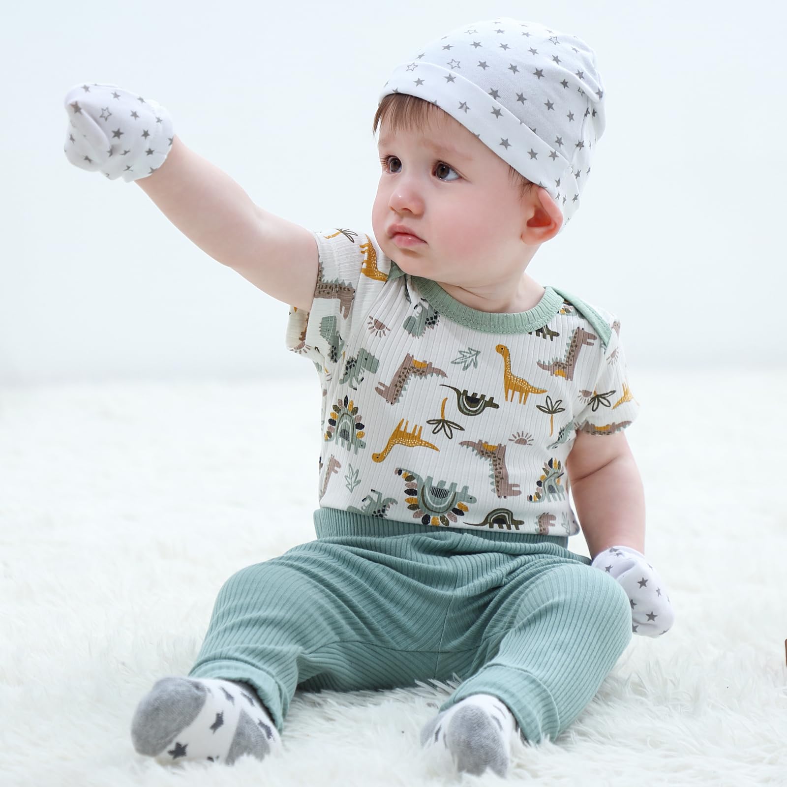 Ruliby Juego de gorros, manoplas y calcetines de algodón para recién nacido, gorro suave para bebés y niñas de 0 a 6 meses