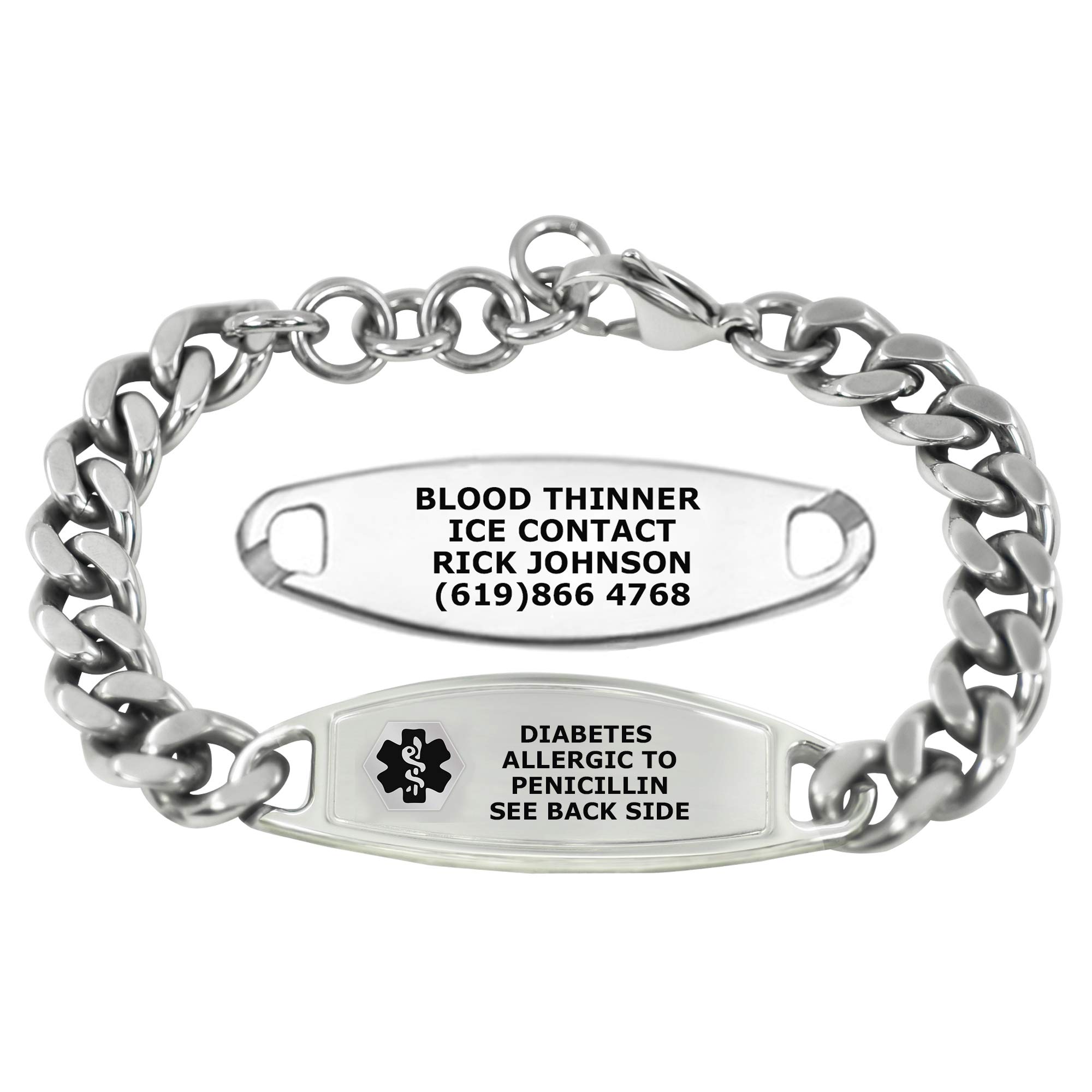 Divoti Custom Laser Engraved Medical Alert Bracelet for Men | 6-9" Curb Chain with Lobster Claw | Dual-Sided Personalized ID with Red Caduceus | Stainless Steel, Durable Waterproof Design