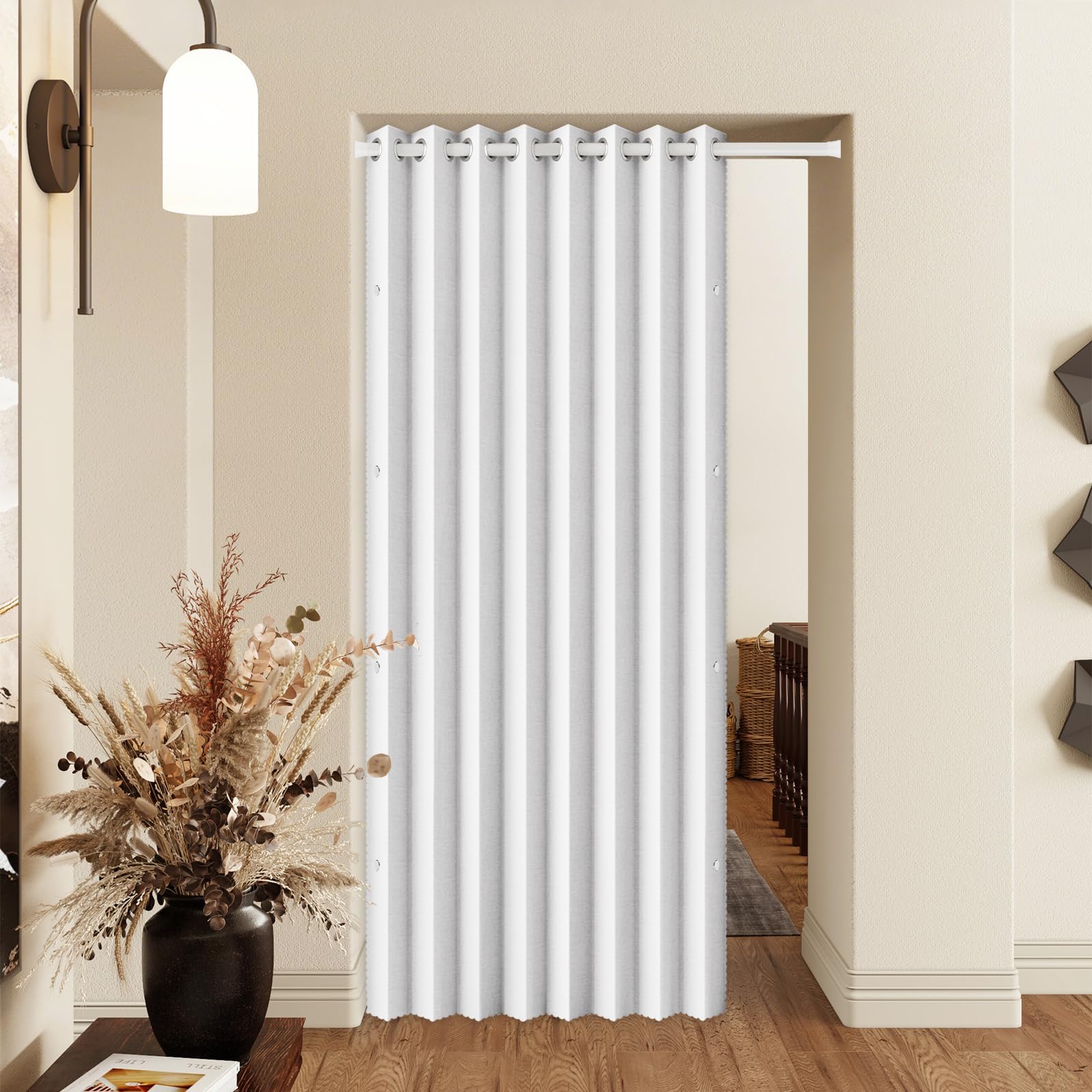 Rideau de Porte Accordéon Occultant Magnétique - Rideau de Séparation de Pièce Pliable avec Tringle Télescopique Incluse - pour Dressing, Cuisine et Porte Intérieure, Blanc