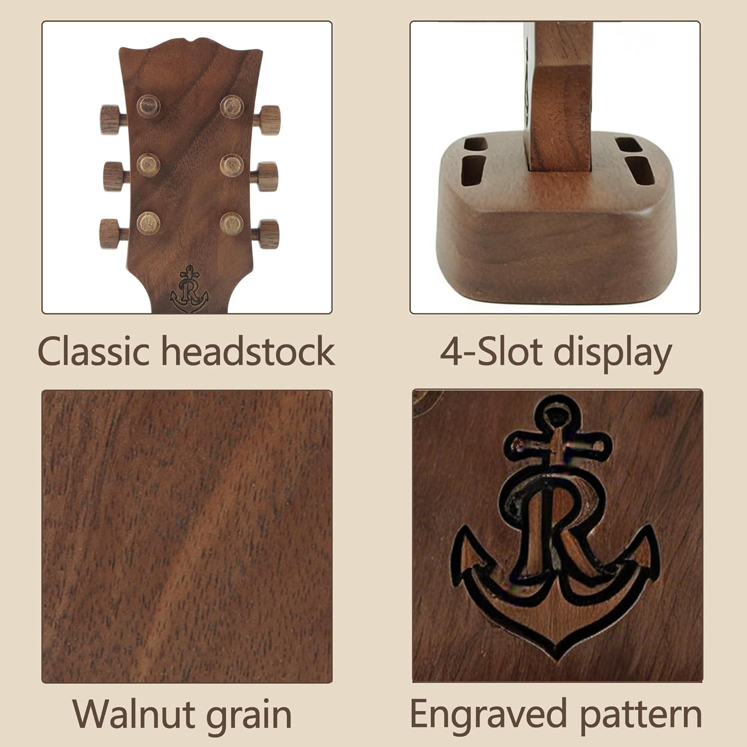 Rockhouse Wooden Guitar Headstock Pick Holder, Walnut Solid Wood Storage Stand Plectrum Organizer with 4 Pick Slots, Gift for Gibson Guitarist